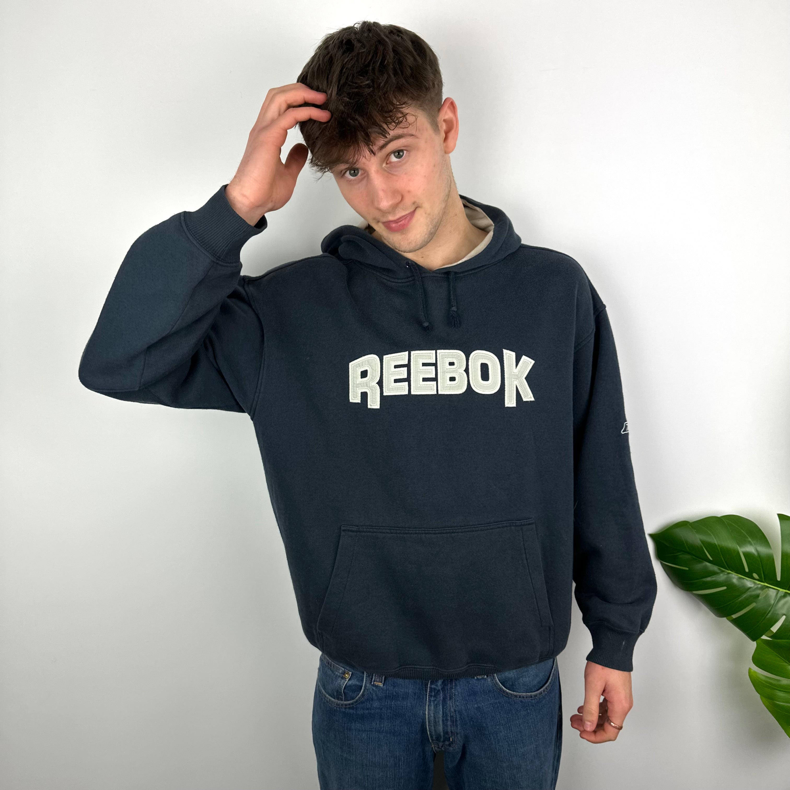 Reebok RARE Navy Embroidered Spell Out Hoodie (M)