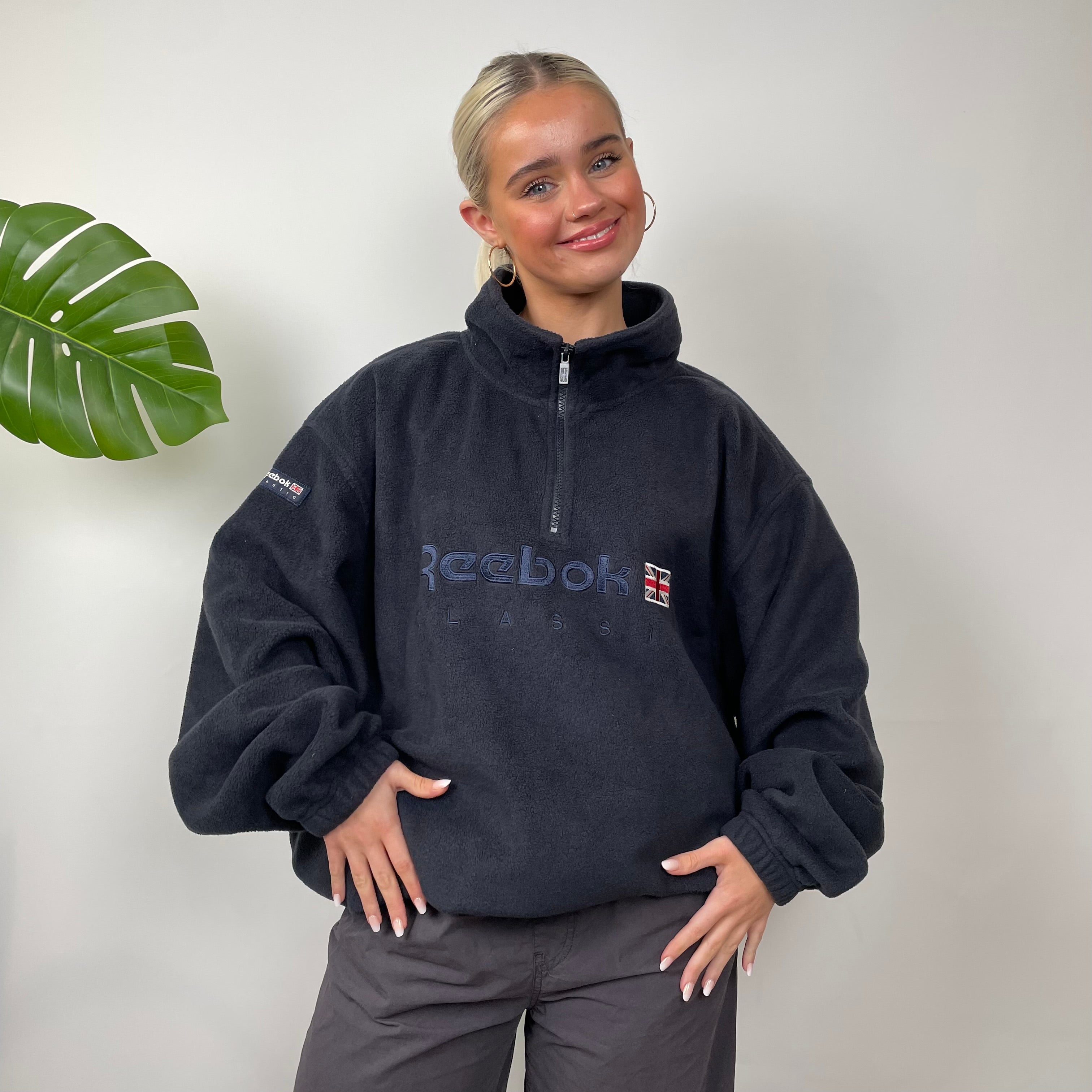 Reebok RARE Navy Embroidered Spell Out Teddy Bear Fleece Quarter Zip Sweatshirt (XXL)