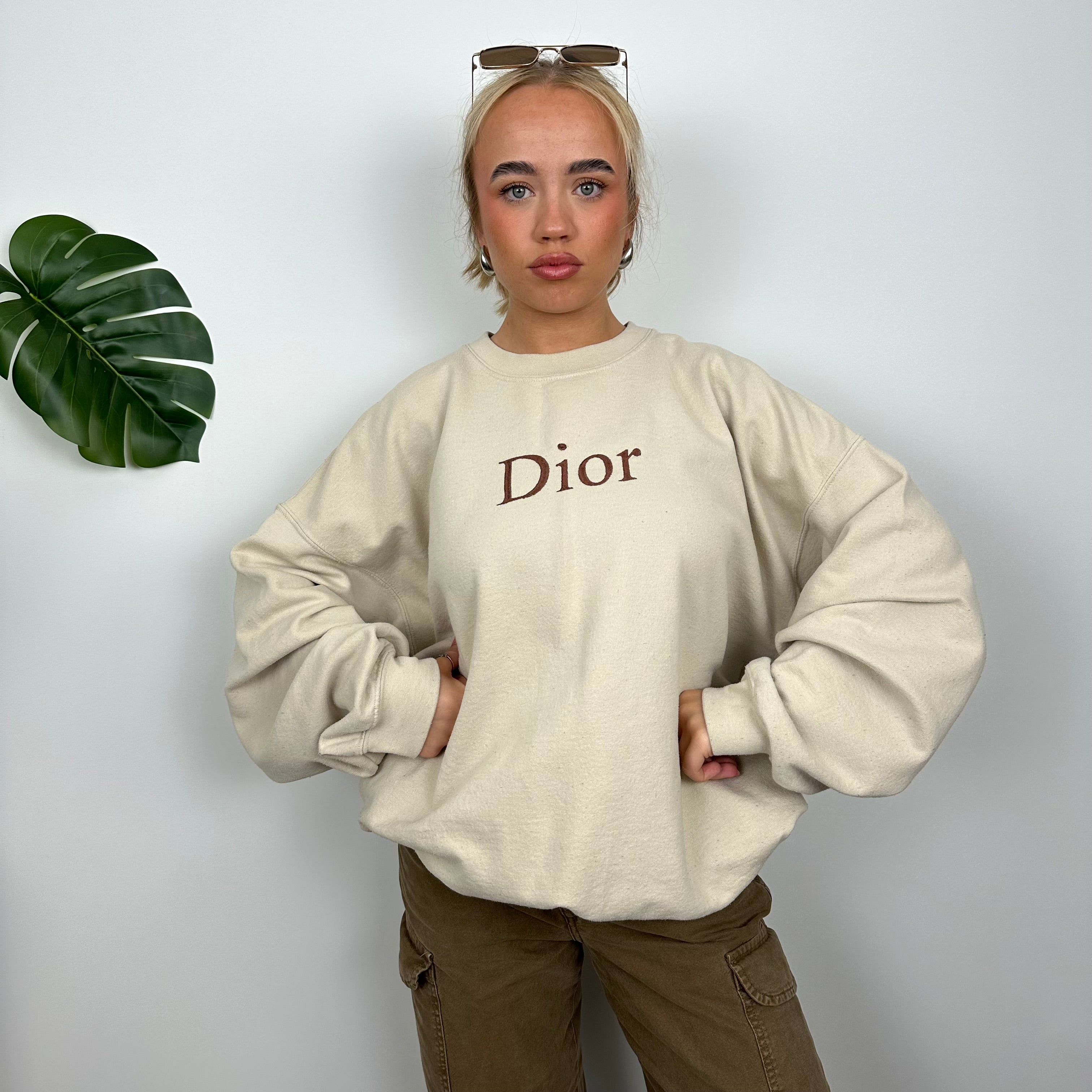 Christian Dior Bootleg Cream Embroidered Spell Out Sweatshirt (L)