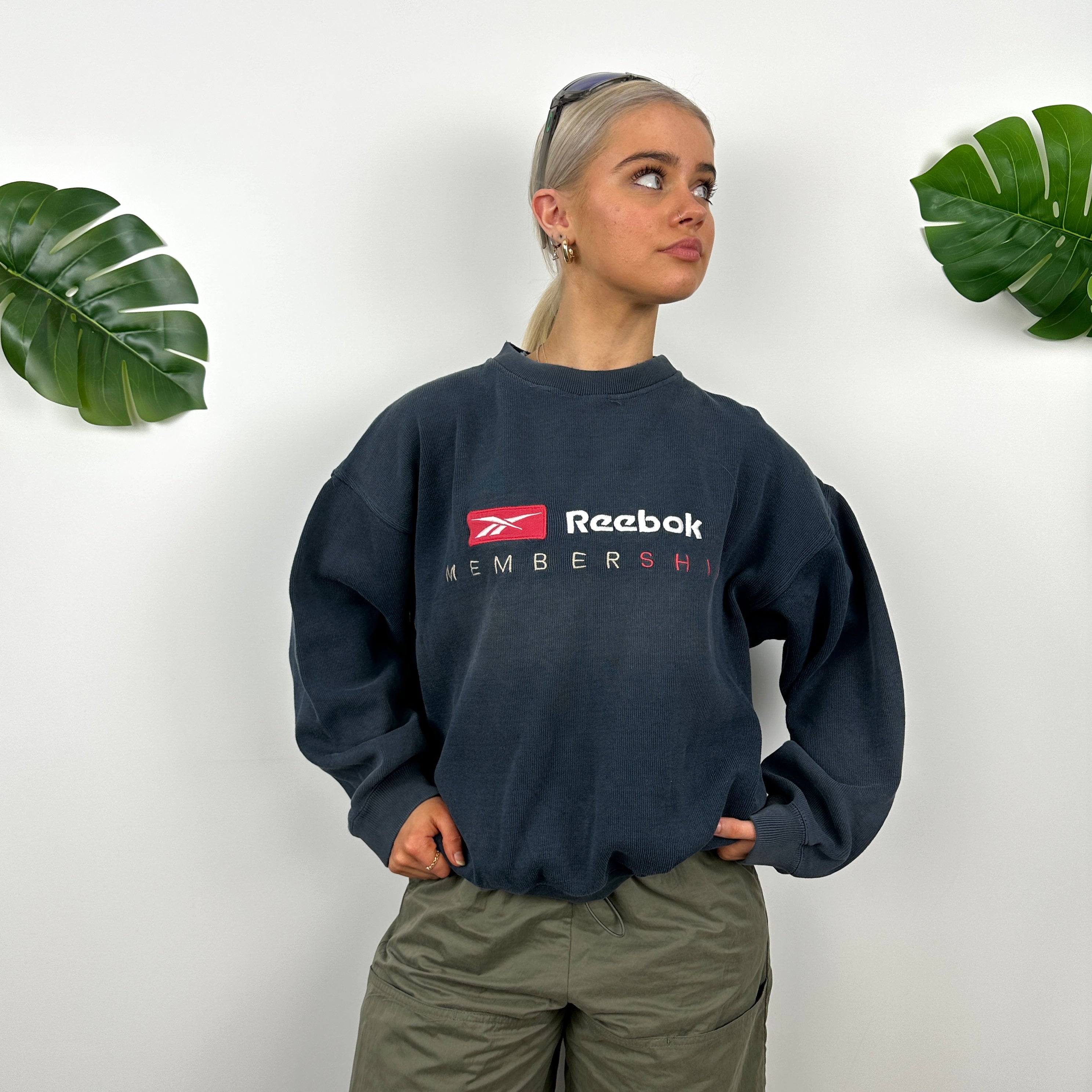 Reebok Membership RARE Navy Embroidered Spell Out Sweatshirt (S)