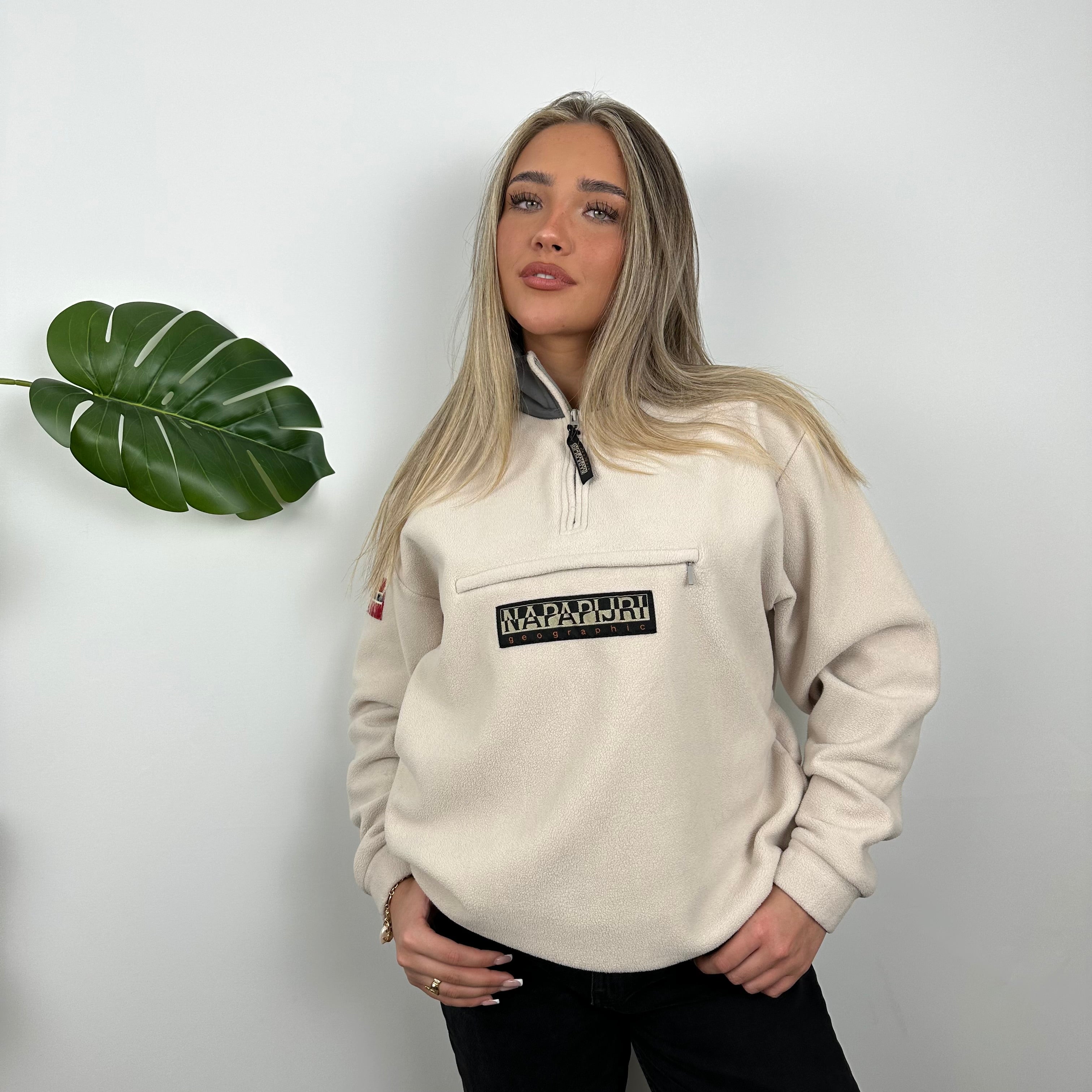Napapijri Cream Embroidered Spell Out Teddy Bear Fleece Quarter Zip (M)