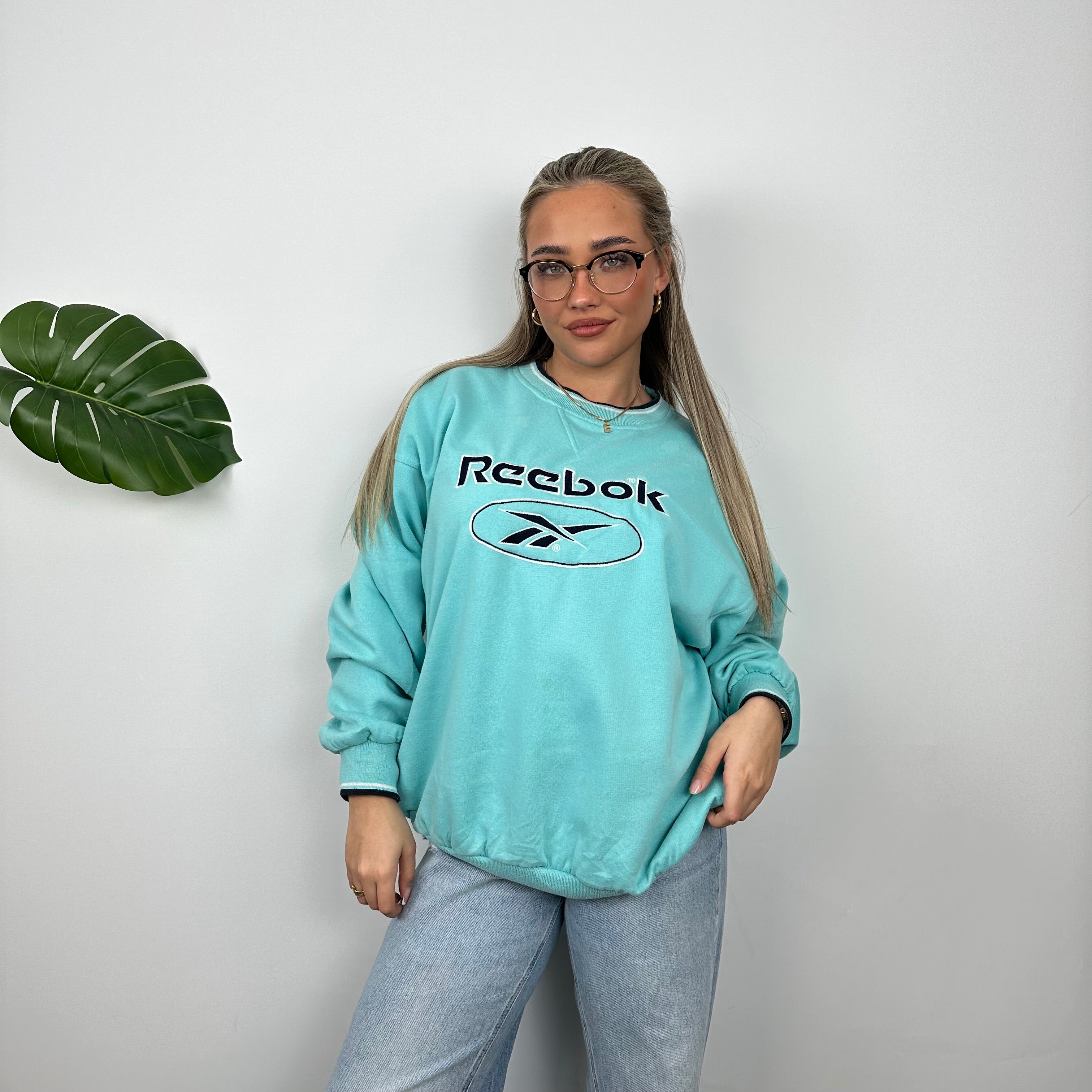 Reebok Turquoise Blue Embroidered Spell Out Sweatshirt (L)