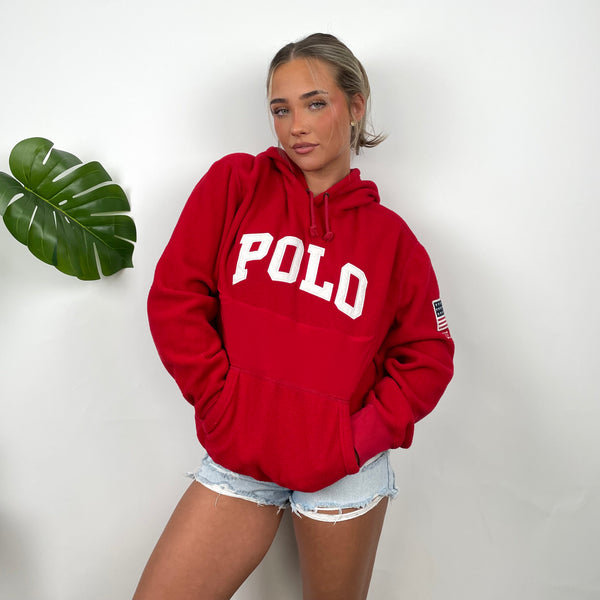 Polo Ralph Lauren Red Embroidered Spell Out Fleece Hoodie (M)