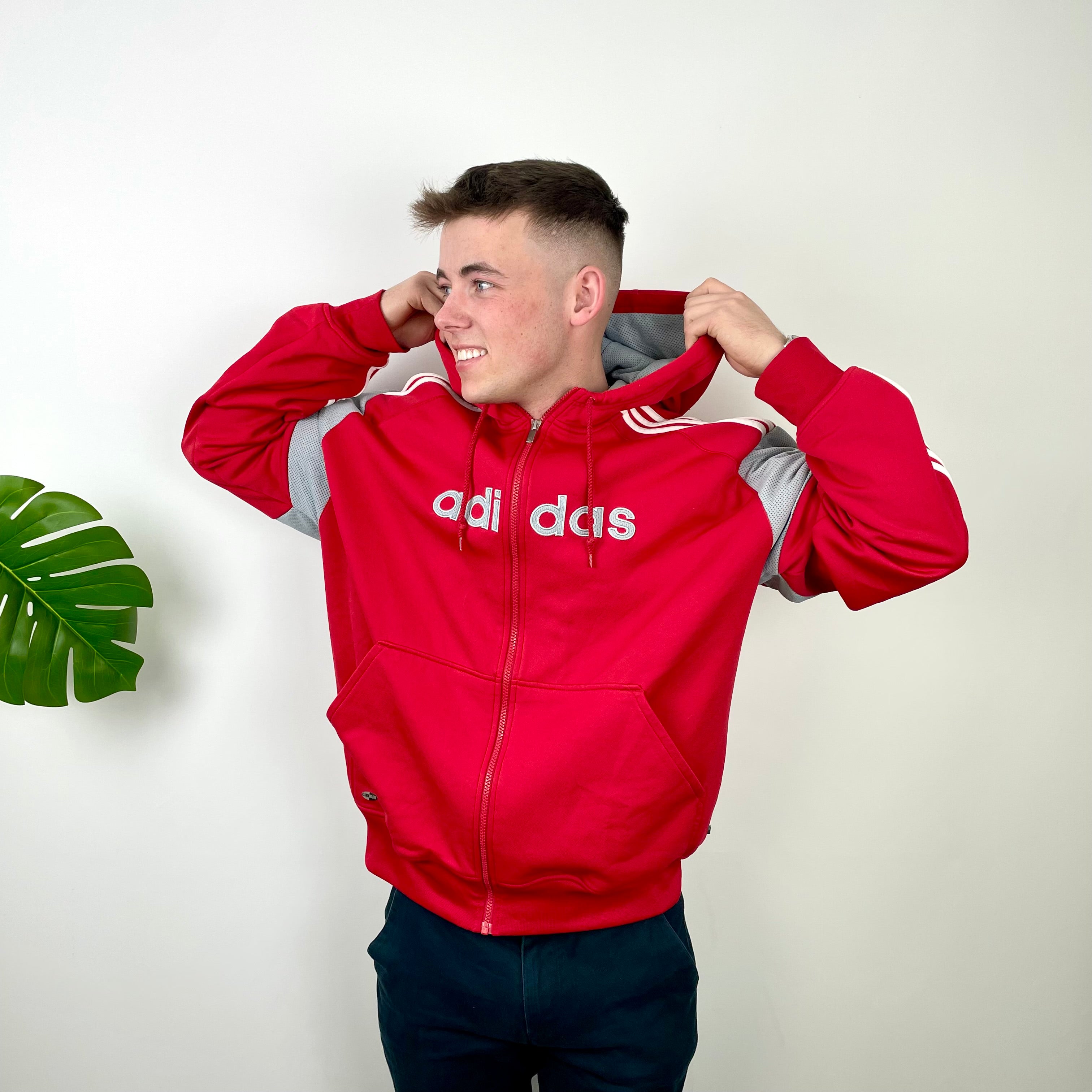 Adidas Red  Embroidered Spell Out Zip Up Hoodie Jacket (L)