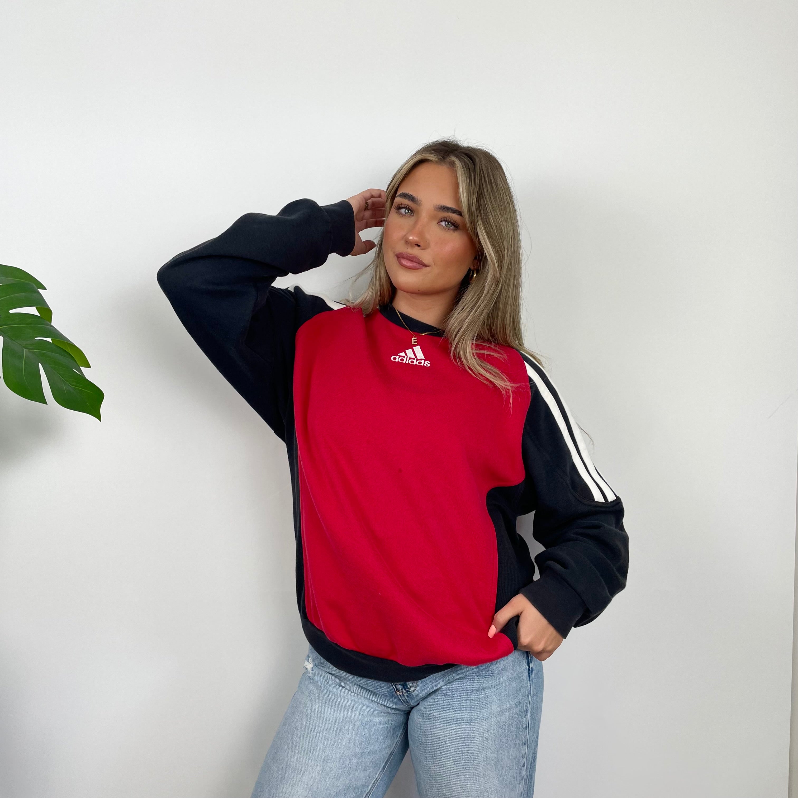 Adidas Red & Black Embroidered Spell Out Colour Block Sweatshirt (L)