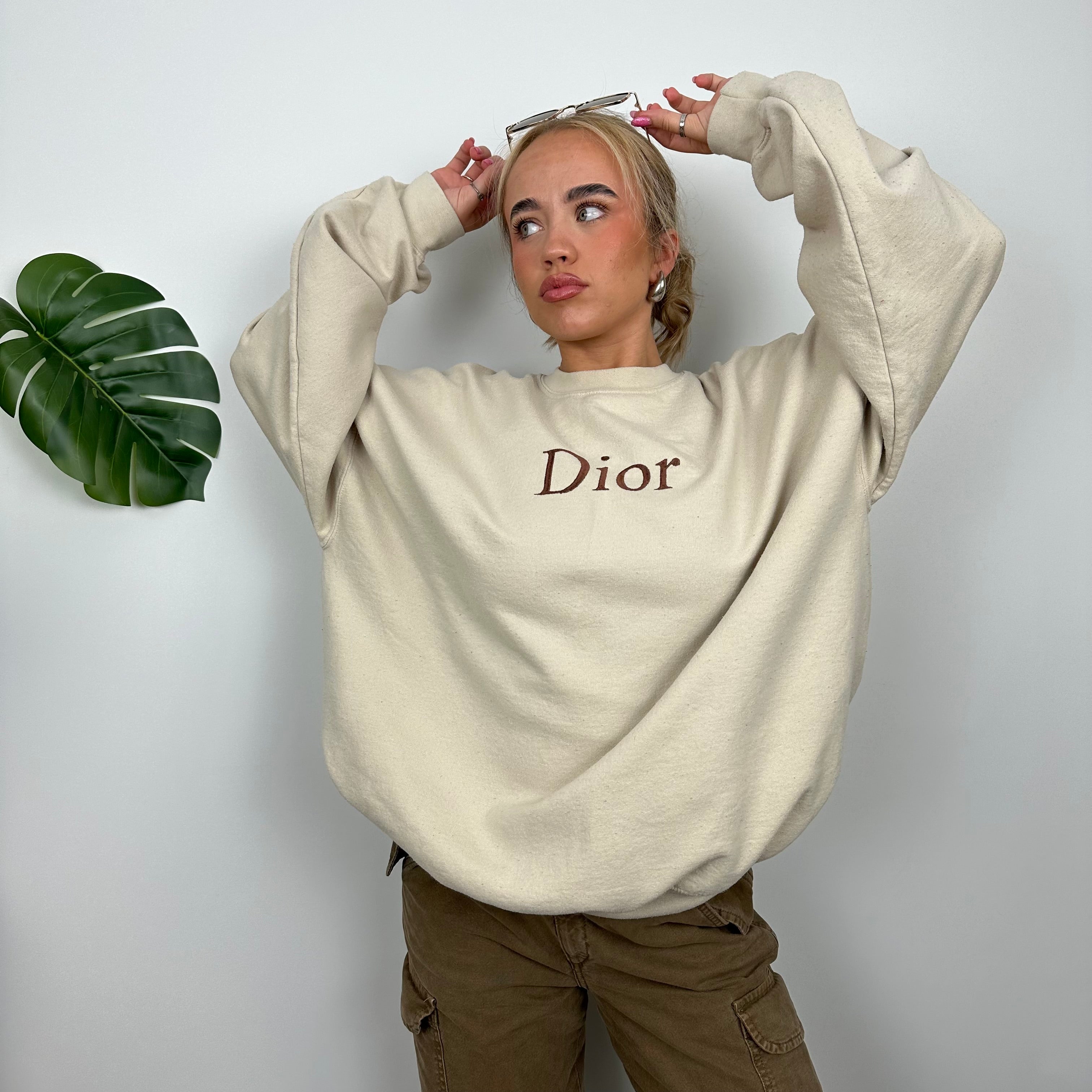 Christian Dior Bootleg Cream Embroidered Spell Out Sweatshirt (L)