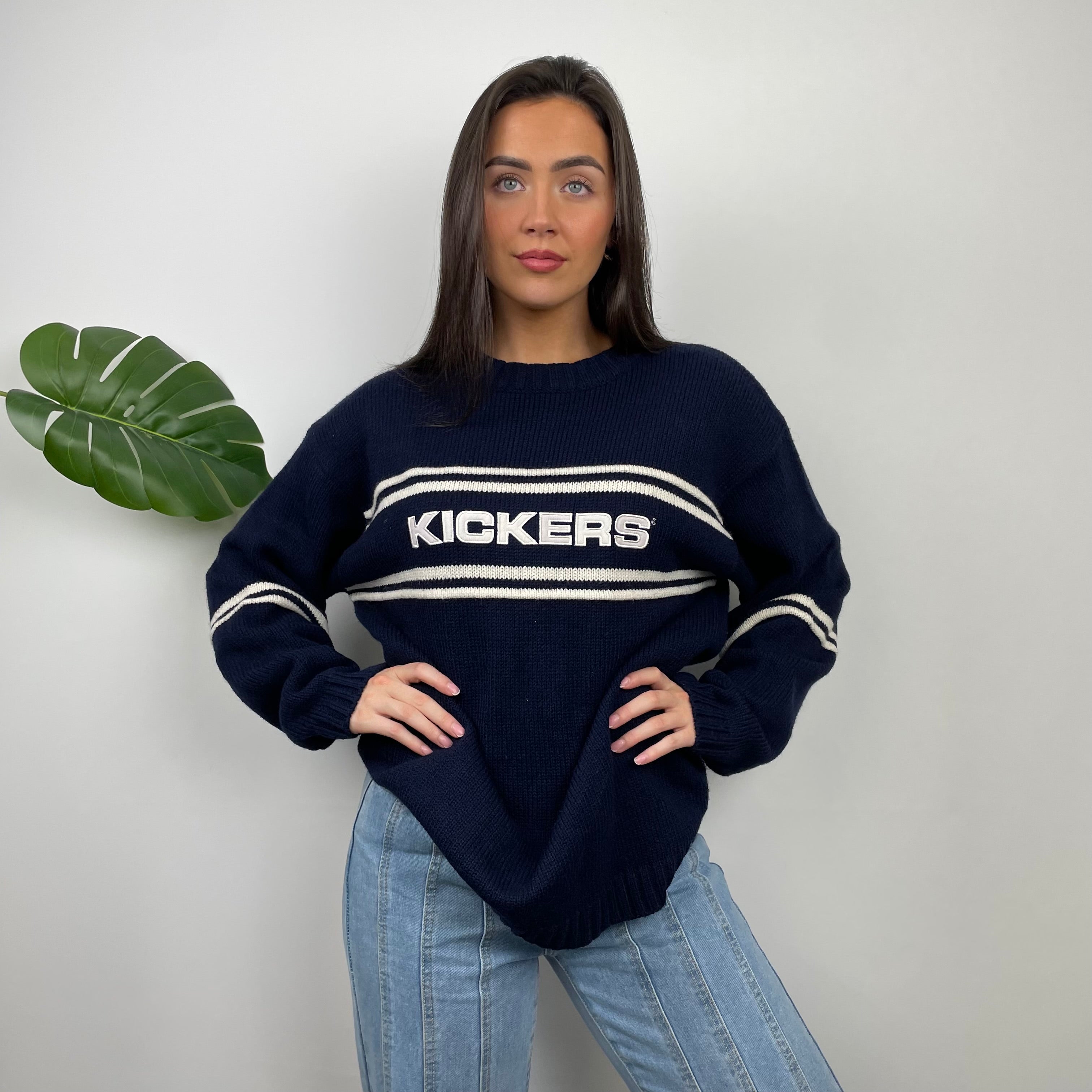 Kickers RARE Navy & Cream Embroidered Spell Out Knitted Sweater (L)