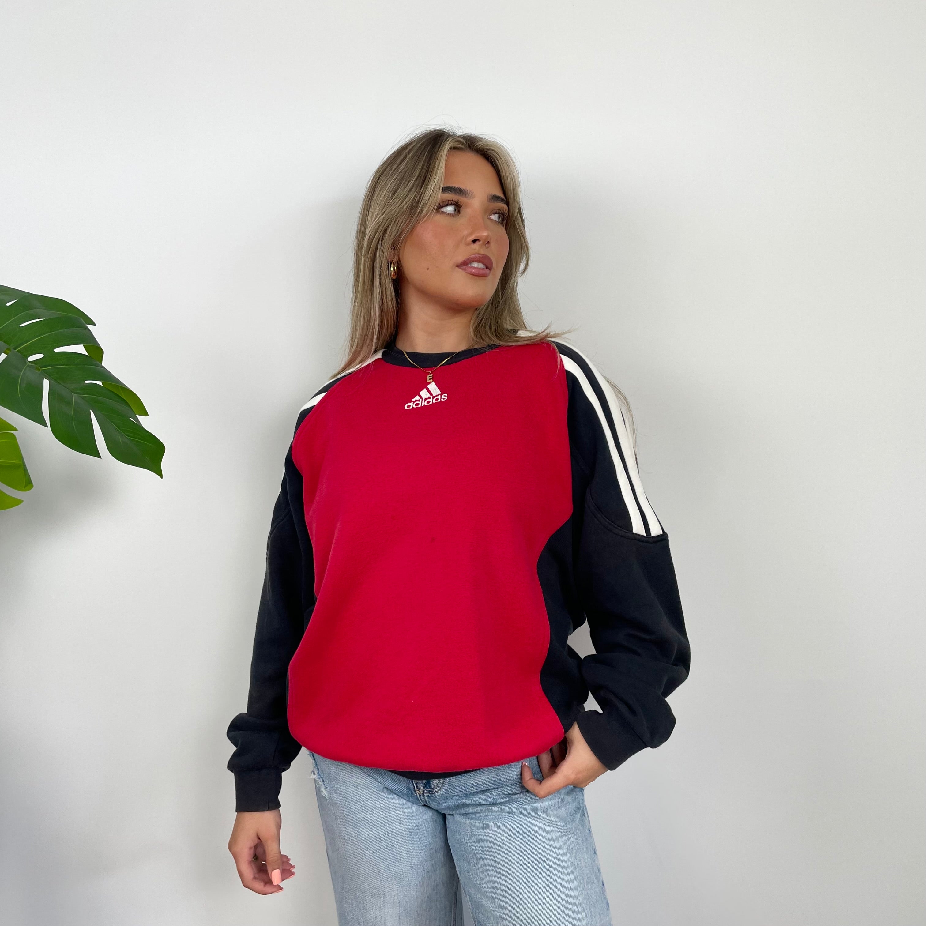Adidas Red & Black Embroidered Spell Out Colour Block Sweatshirt (L)
