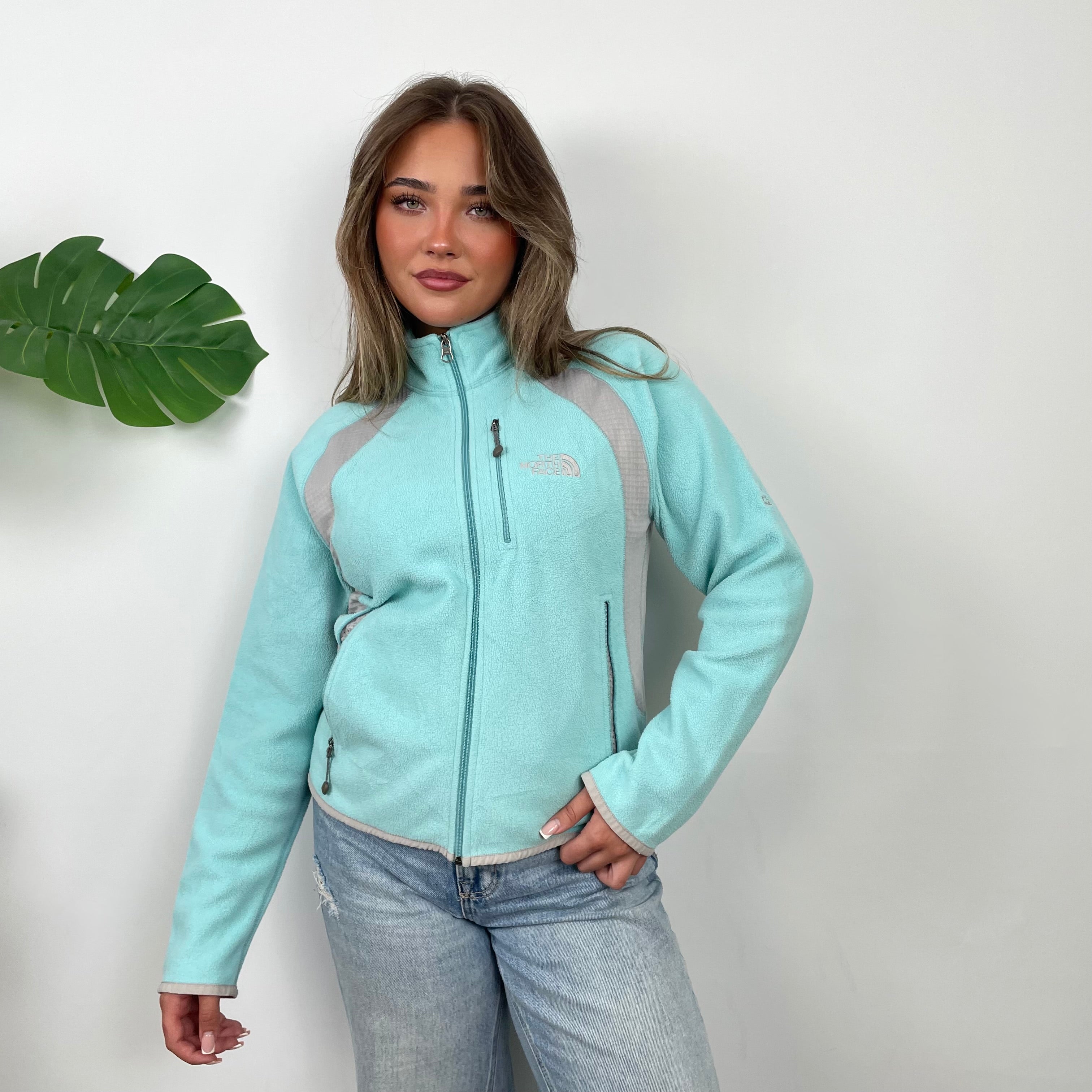 North Face Turquoise Teddy Bear Quarter Zip Fleece Jacket (S)