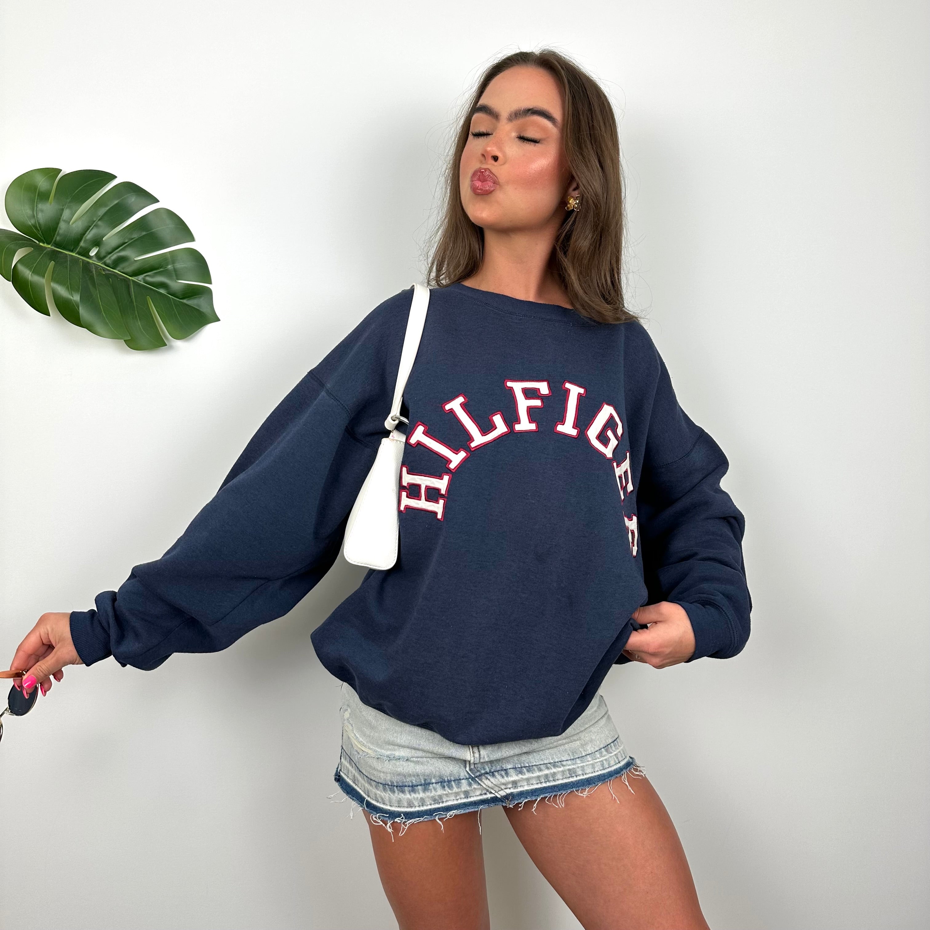 Tommy Hilfiger RARE Navy Embroidered Spell Out Sweatshirt (M)