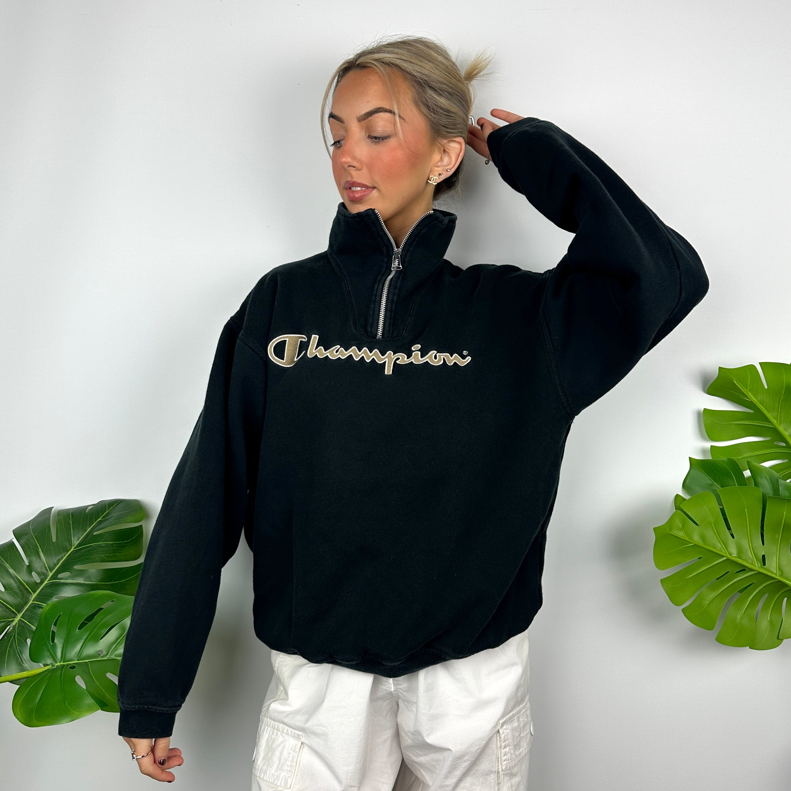 Champion Black Embroidered Spell Out Quarter Zip Sweatshirt (L)