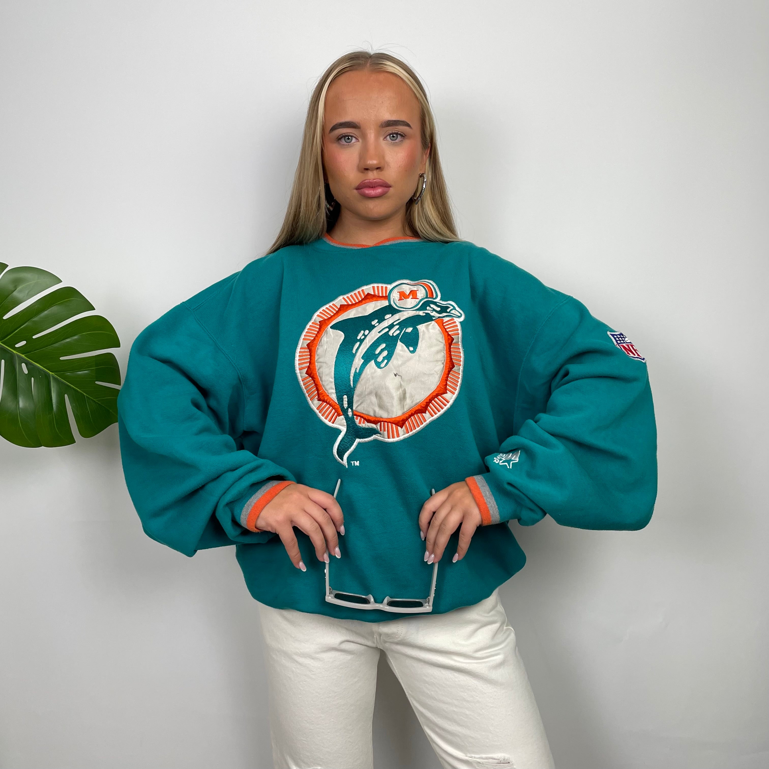 NFL Miami Dolphins Turquoise Embroidered Spell Out Sweatshirt (L)