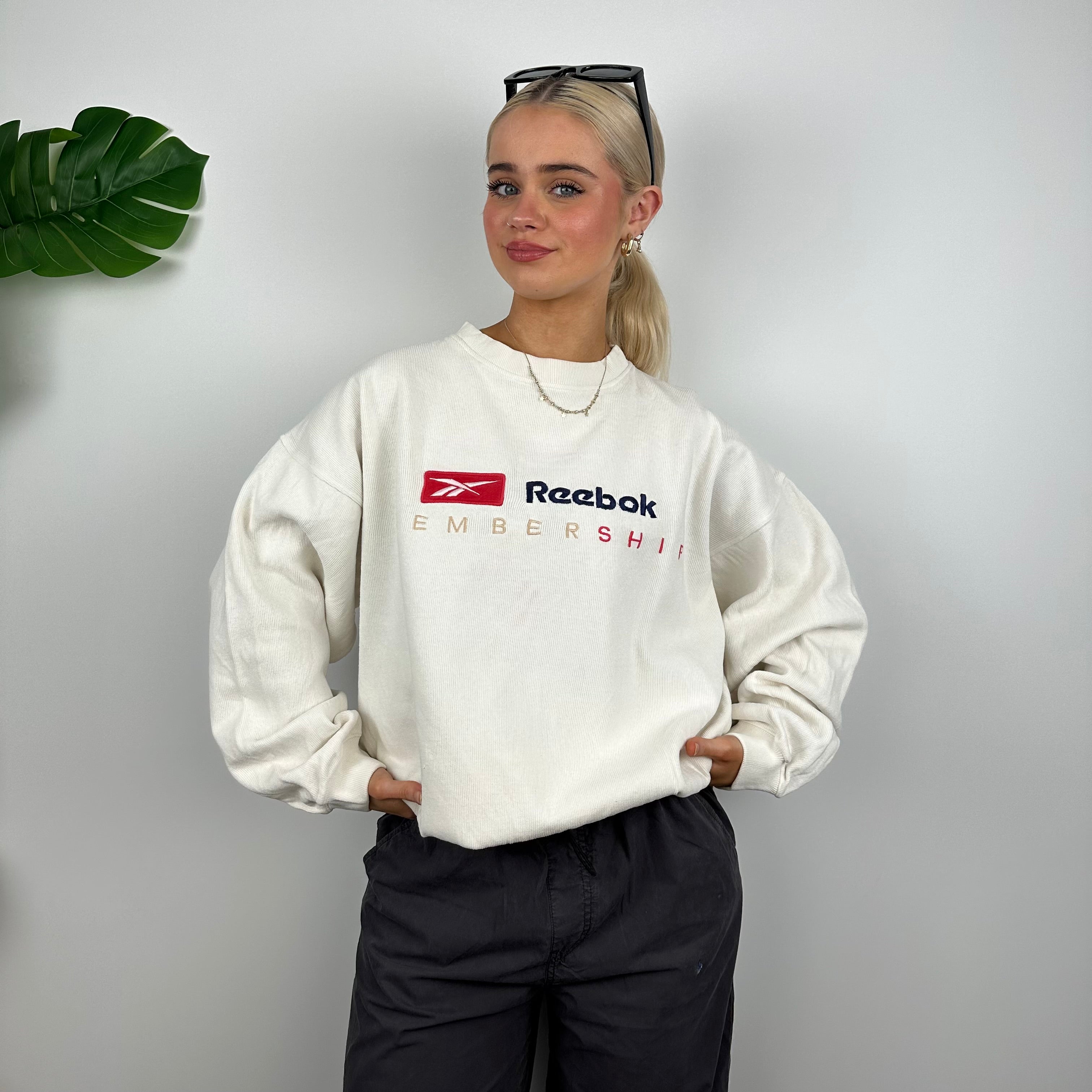 Reebok Membership RARE White Embroidered Spell Out Sweatshirt (M)