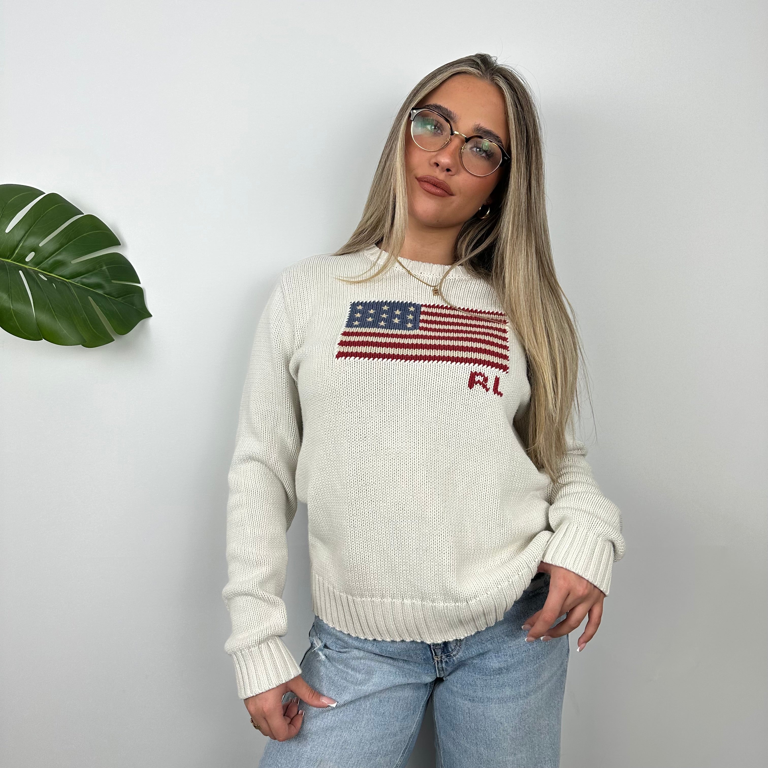 Polo Ralph Lauren White Embroidered Spell Out Knitted Sweater (M)
