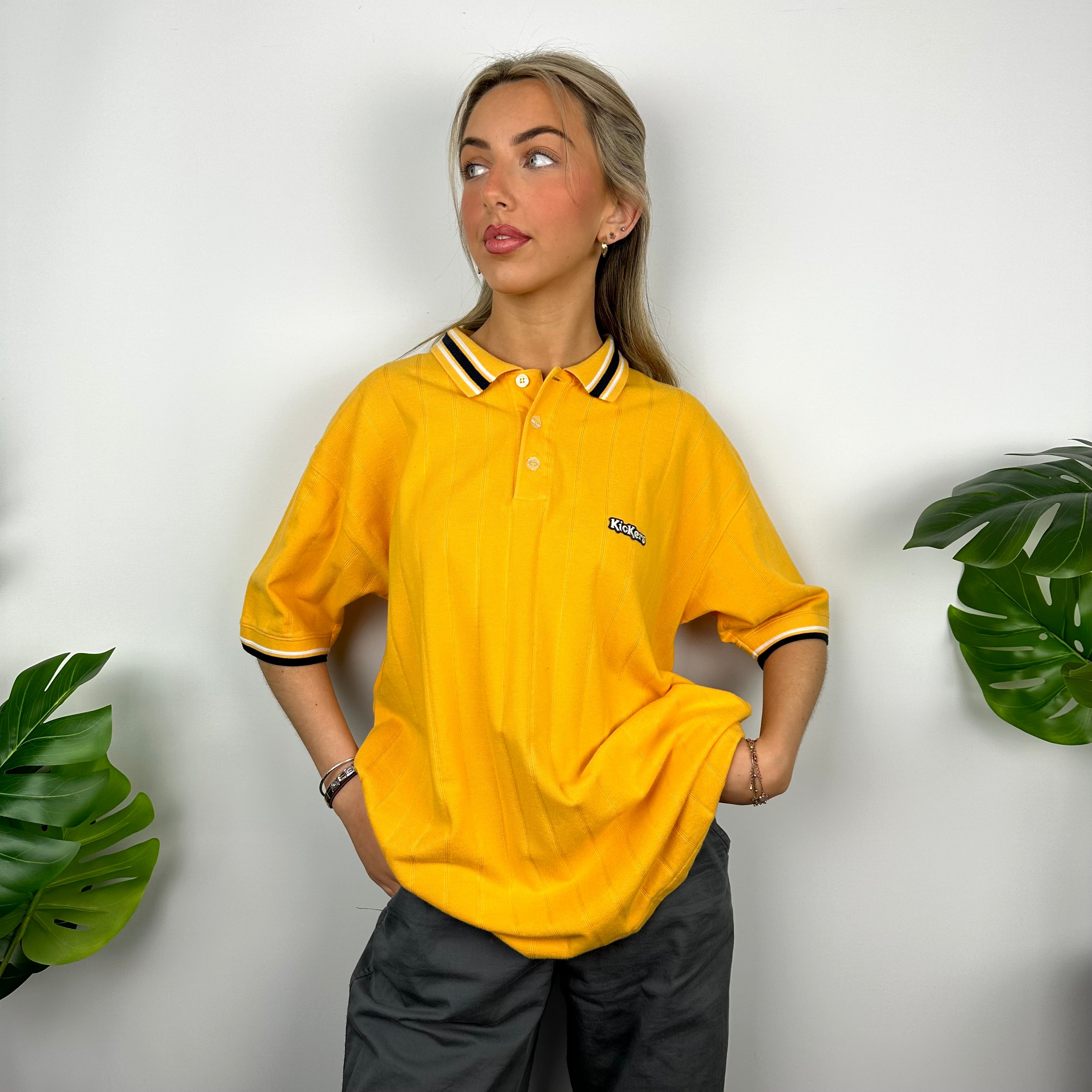 Kickers Yellow Embroidered Spell Out Polo Shirt (M)