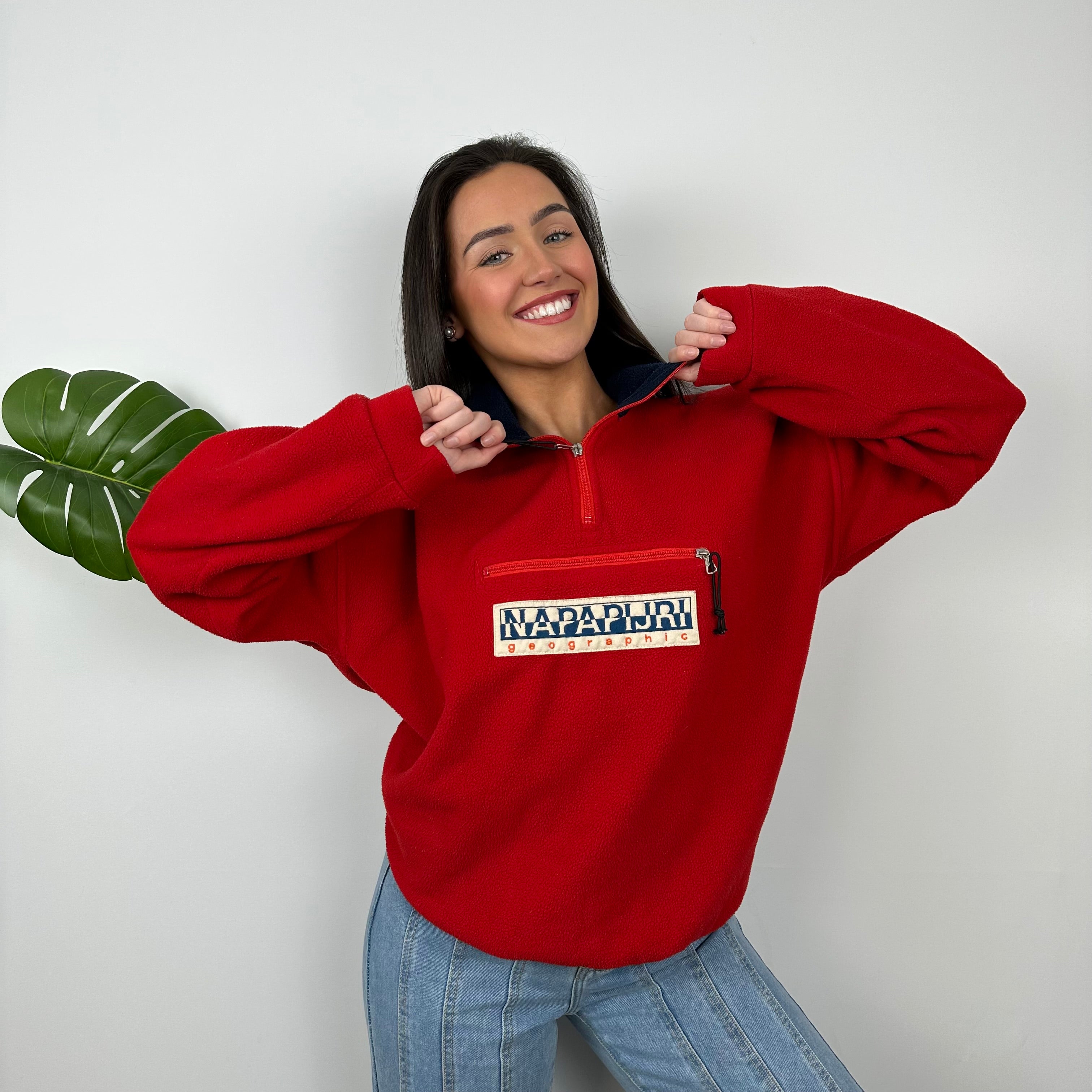 Napapijri Red Embroidered Spell Out Teddy Bear Fleece Quarter Zip (M)