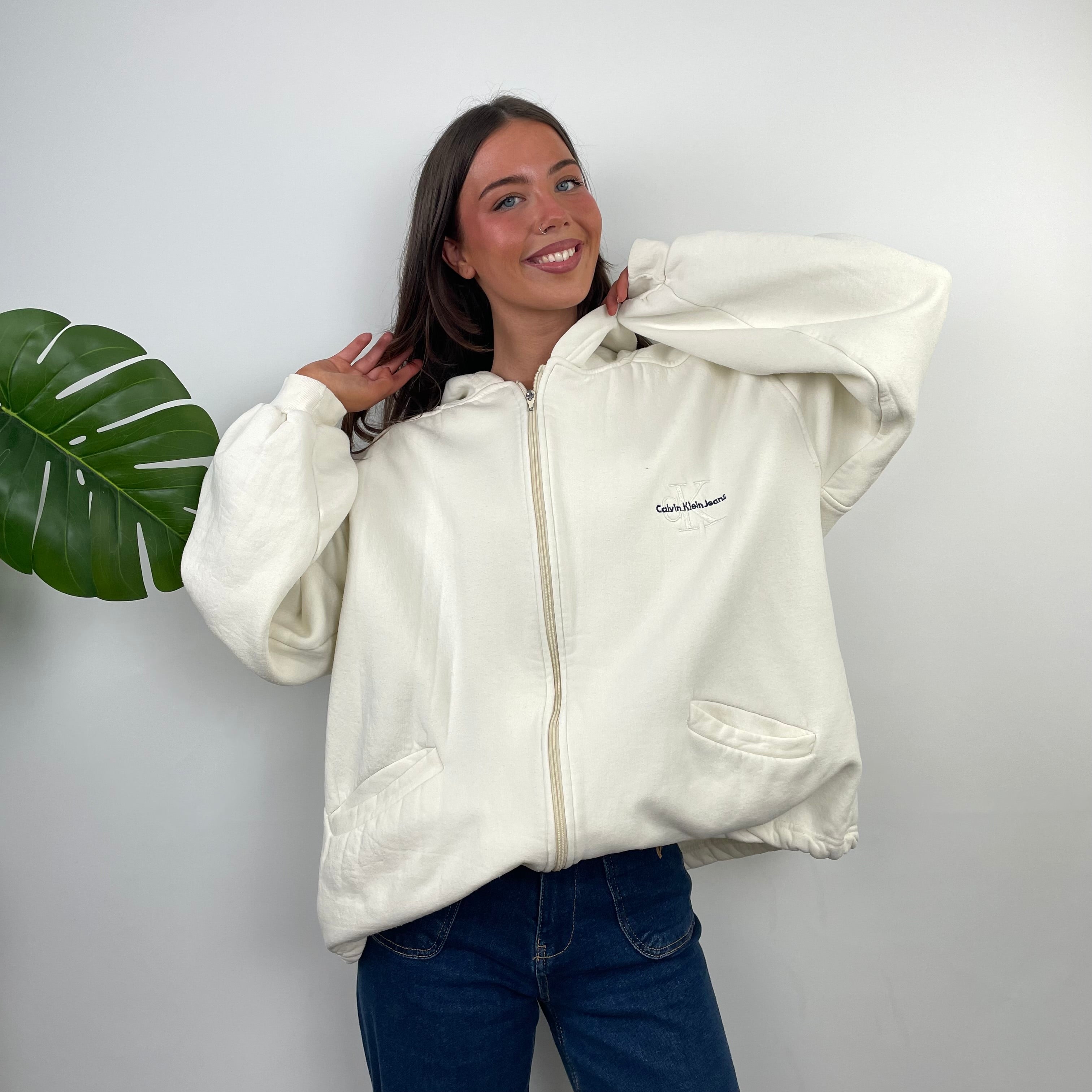 Calvin Klein Buttermilk Lemon Embroidered Spell Out Zip Up Hoodie (L)