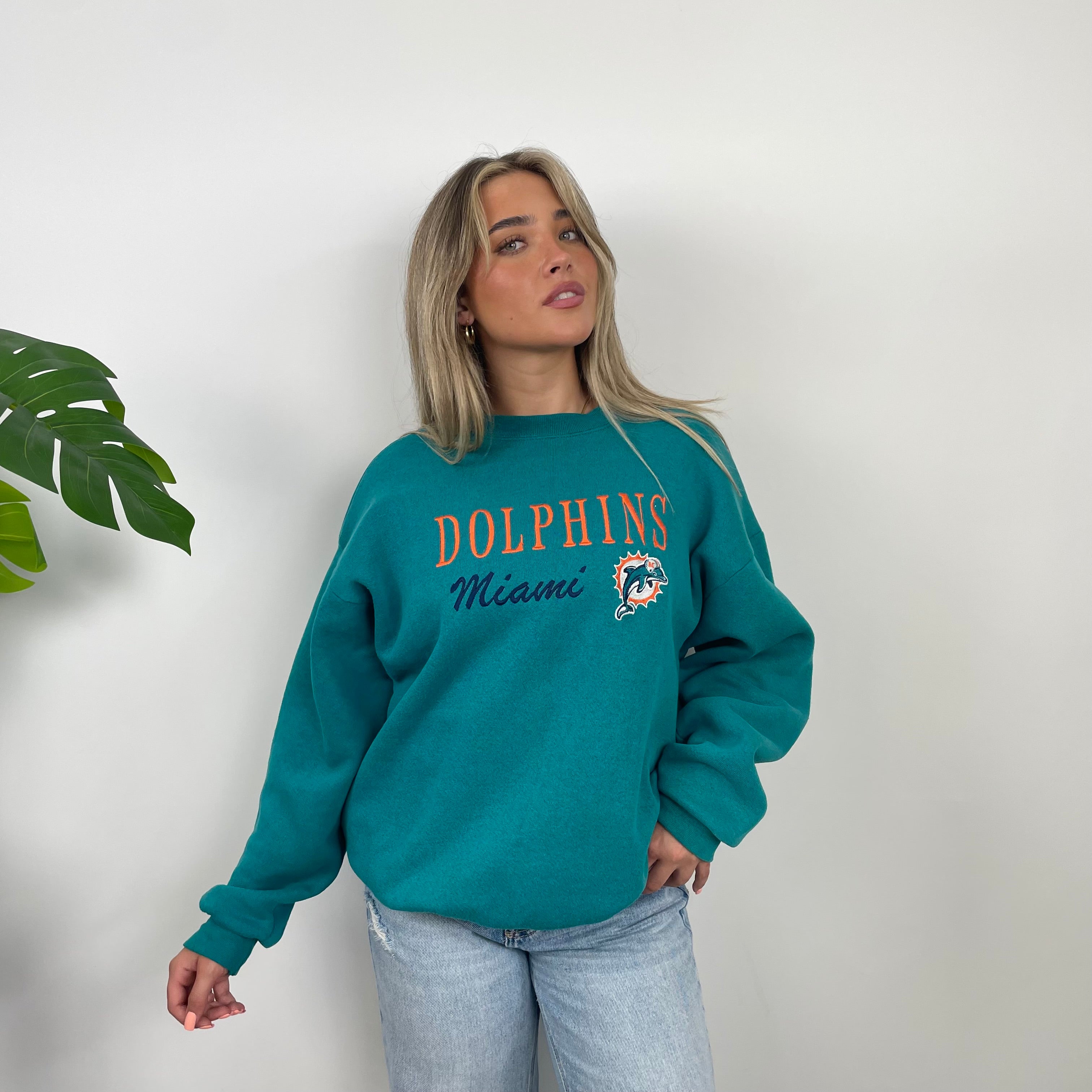 NFL Miami Dolphins Turquoise Embroidered Spell Out Sweatshirt (L)