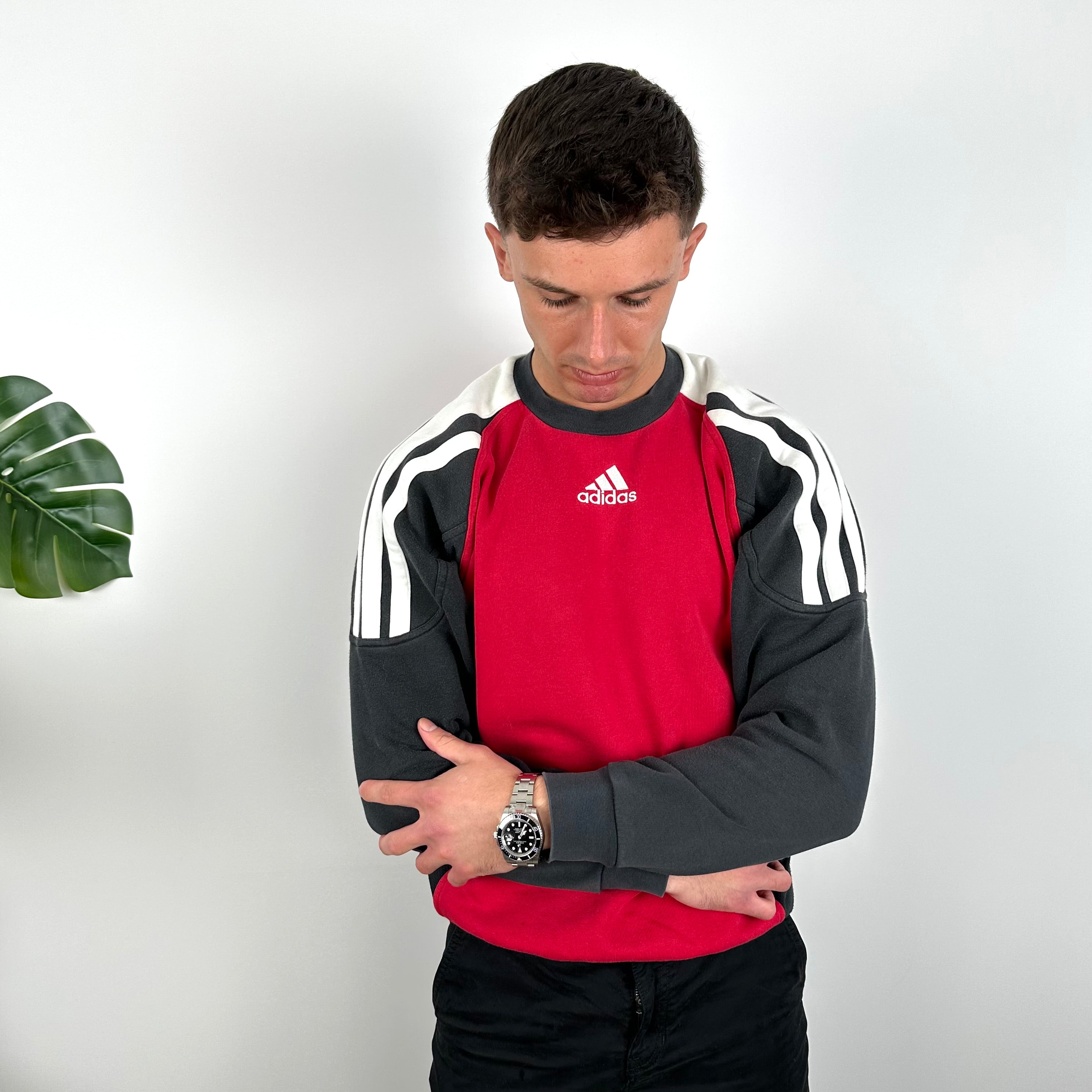 Adidas Red & Black Embroidered Spell Out Colour Block Sweatshirt (L)