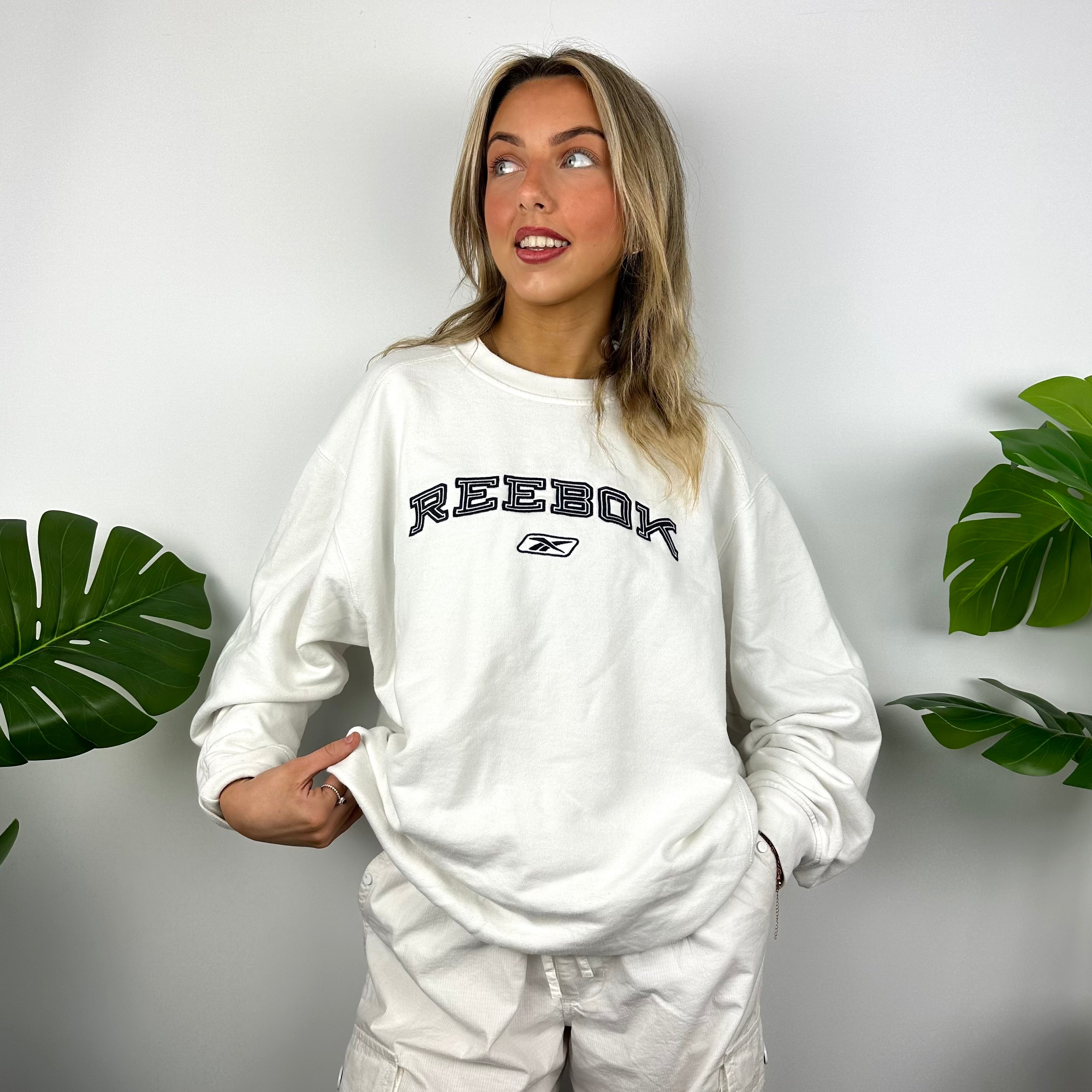 Reebok White Embroidered Spell Out Sweatshirt (L)