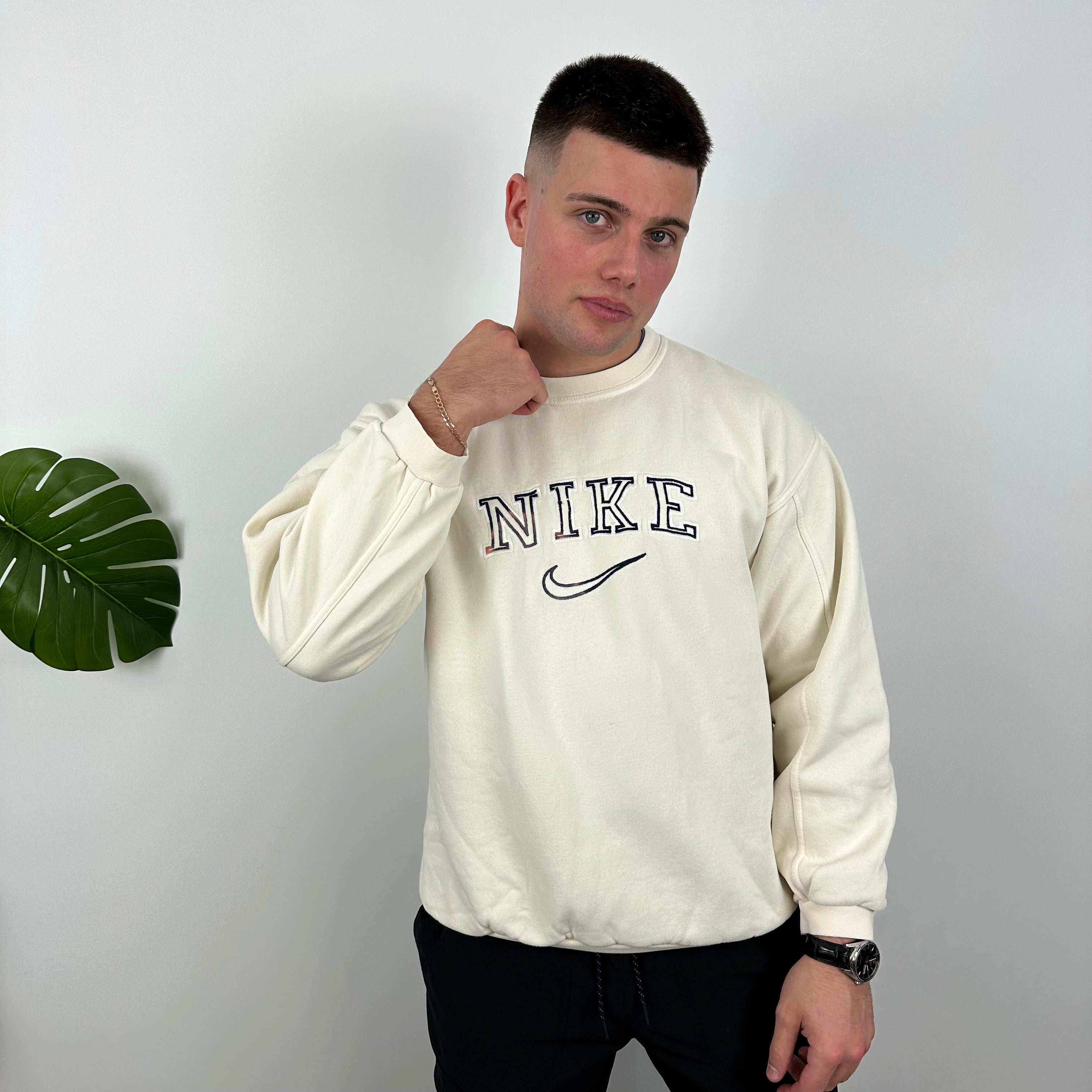 Nike Cream Embroidered Spell Out Sweatshirt (M)