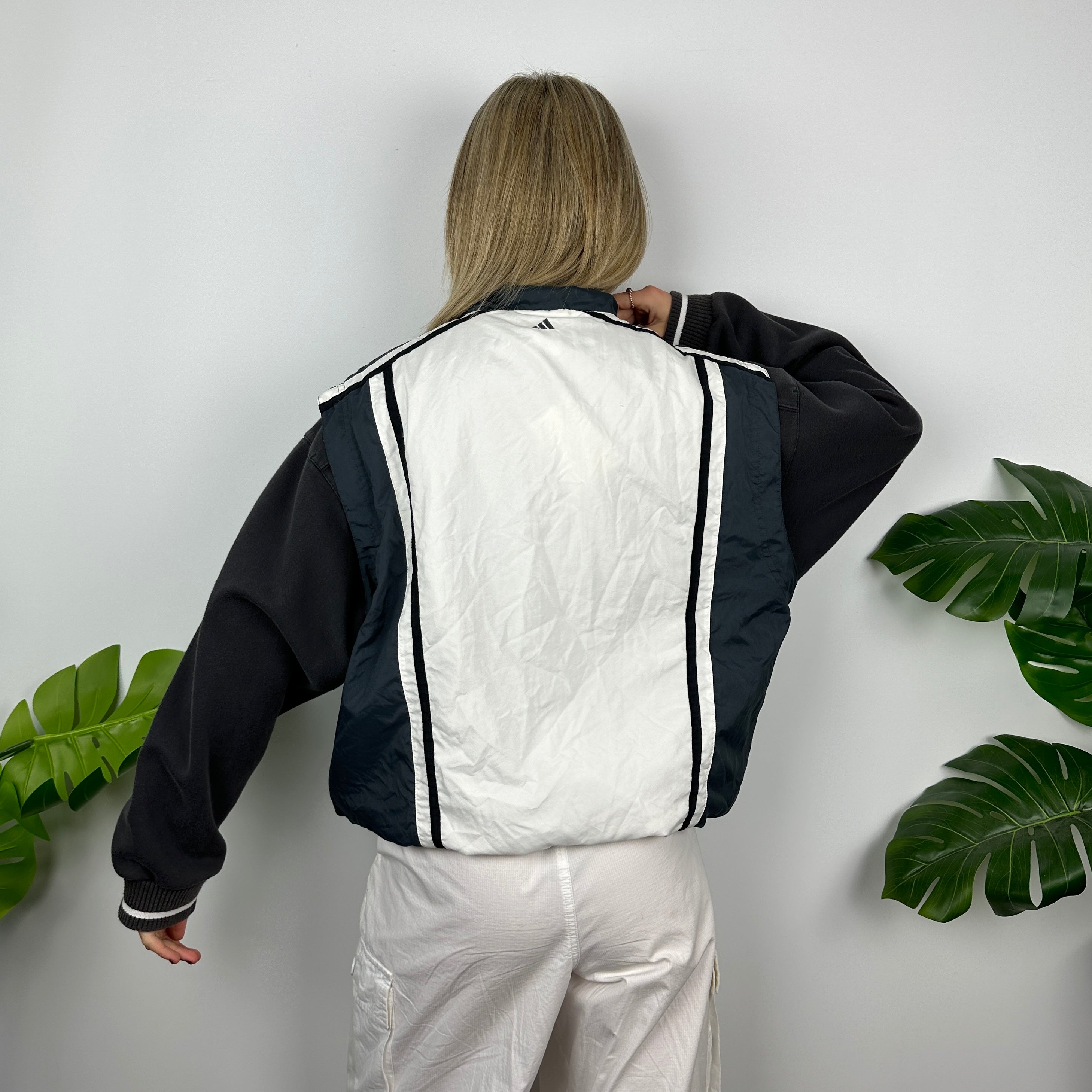 Adidas White & Navy Embroidered Spell Out Zip Up Windbreaker Gilet (M)