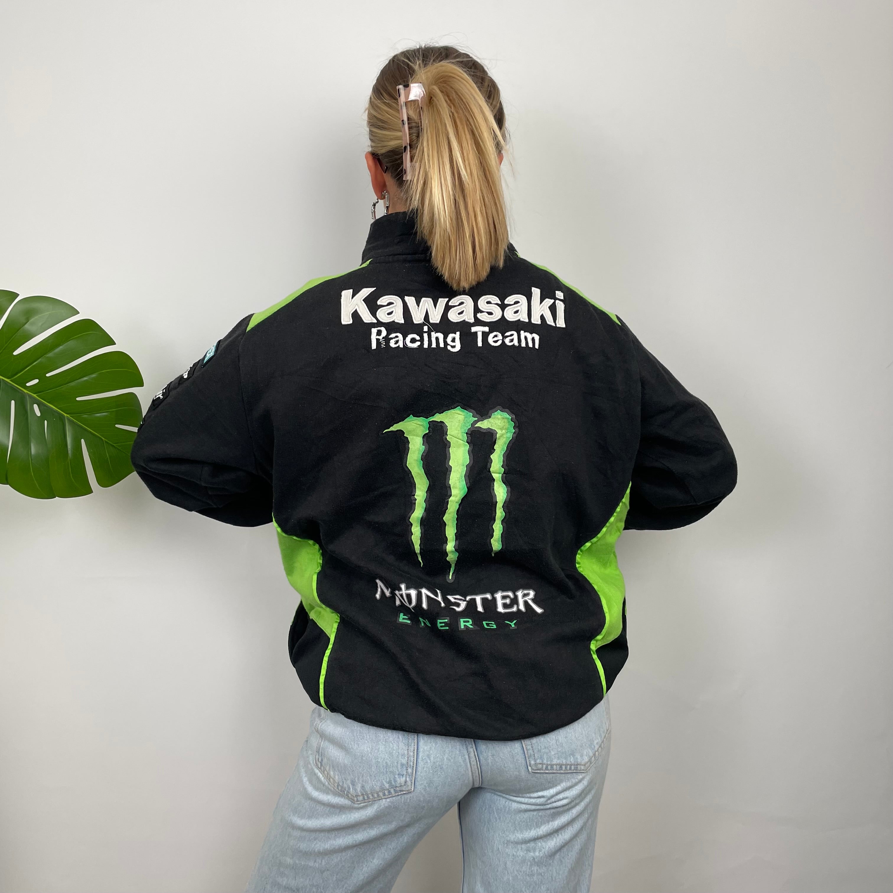 Monster Energy Racing Team Black Embroidered Spell Out Zip Up Hoodie Jacket (L)