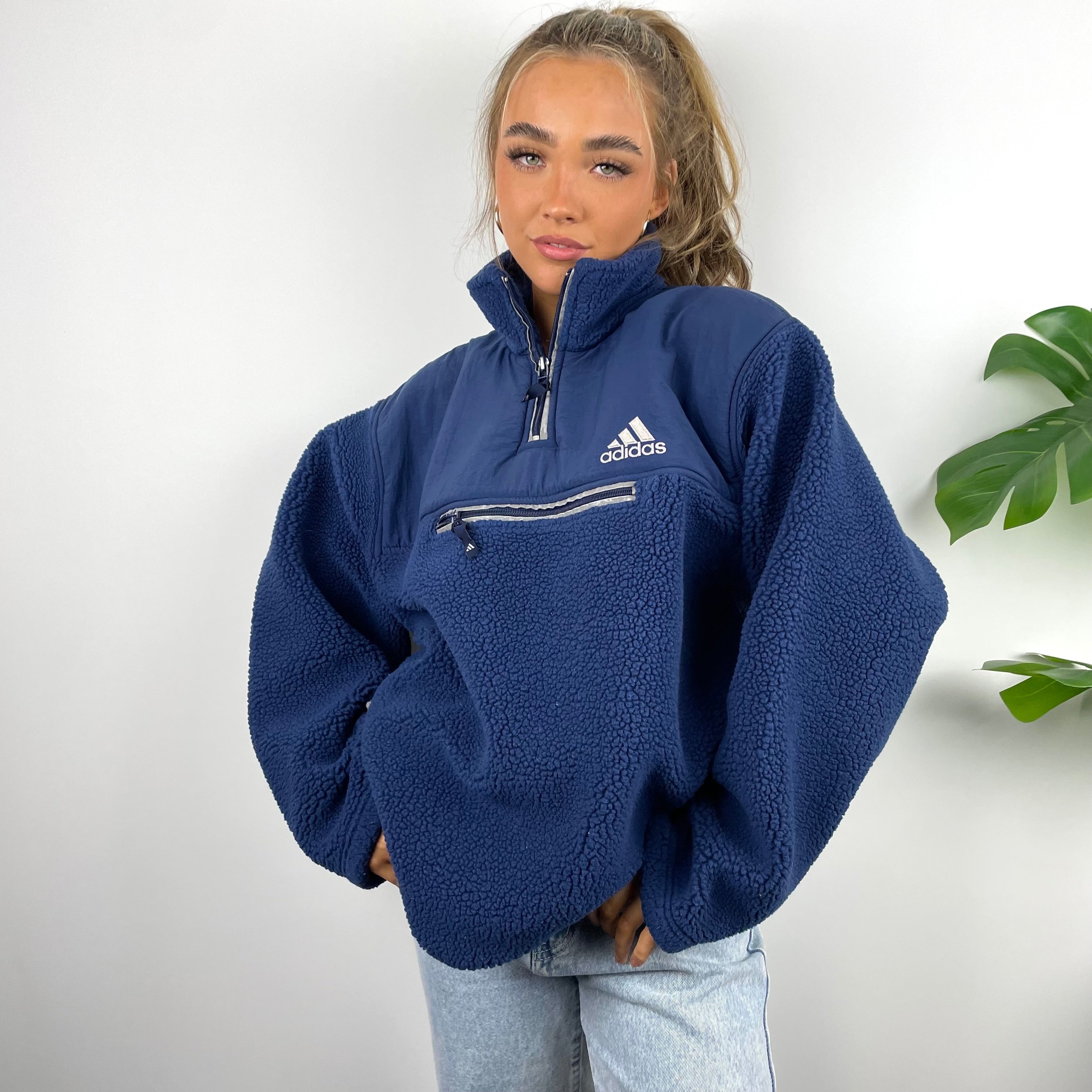 Adidas Navy Embroidered Spell Out Teddy Bear Sherpa Fleece Quarter Zip Sweatshirt (XL)