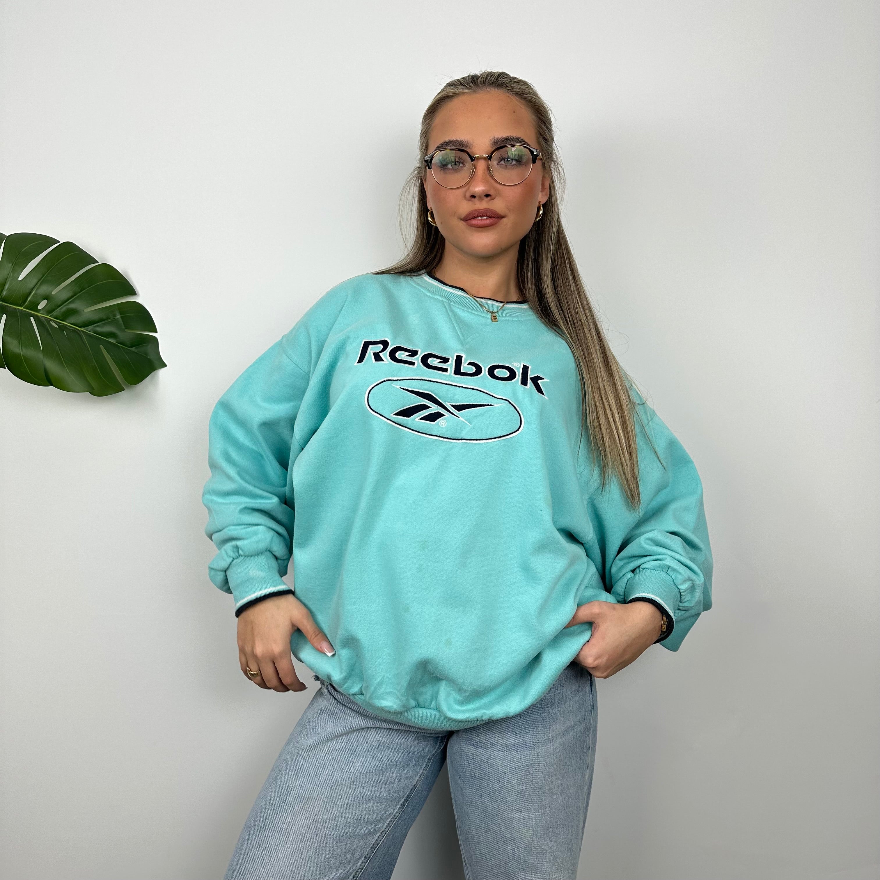 Reebok Turquoise Blue Embroidered Spell Out Sweatshirt (L)