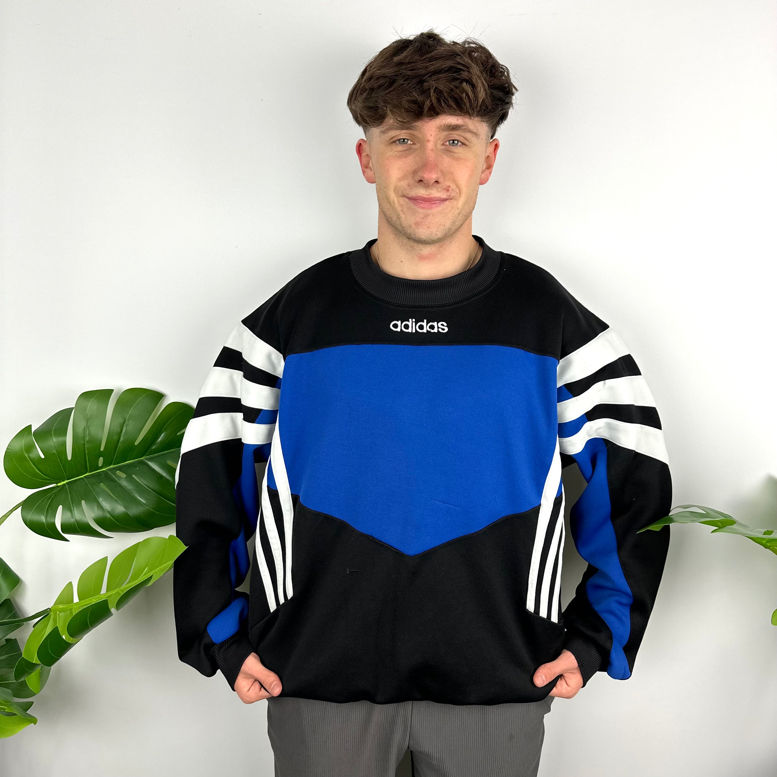 Adidas Black & Blue Embroidered Spell Out Colour Block Sweatshirt (L)