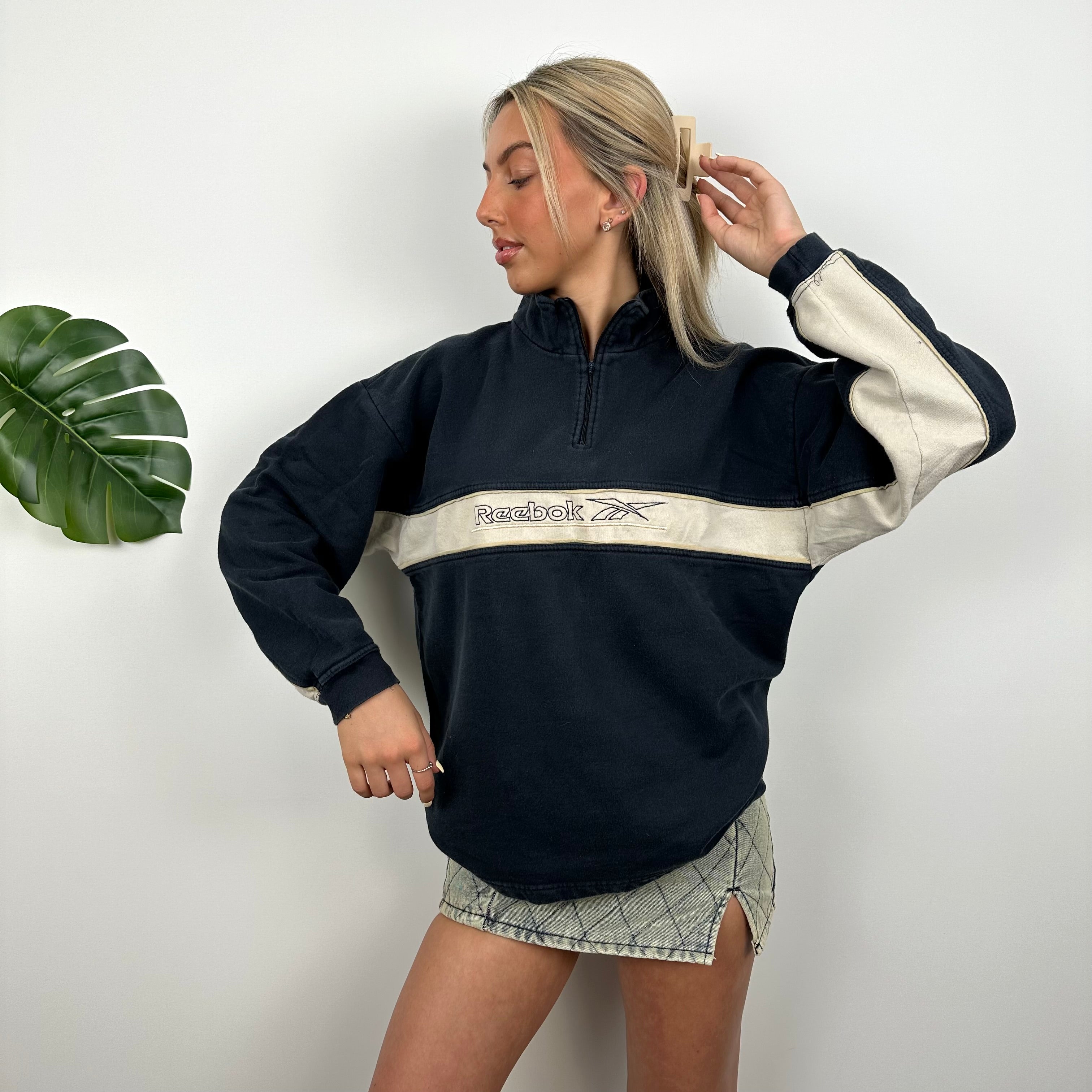 Reebok Navy Embroidered Spell Out Quarter Zip Sweatshirt (S)