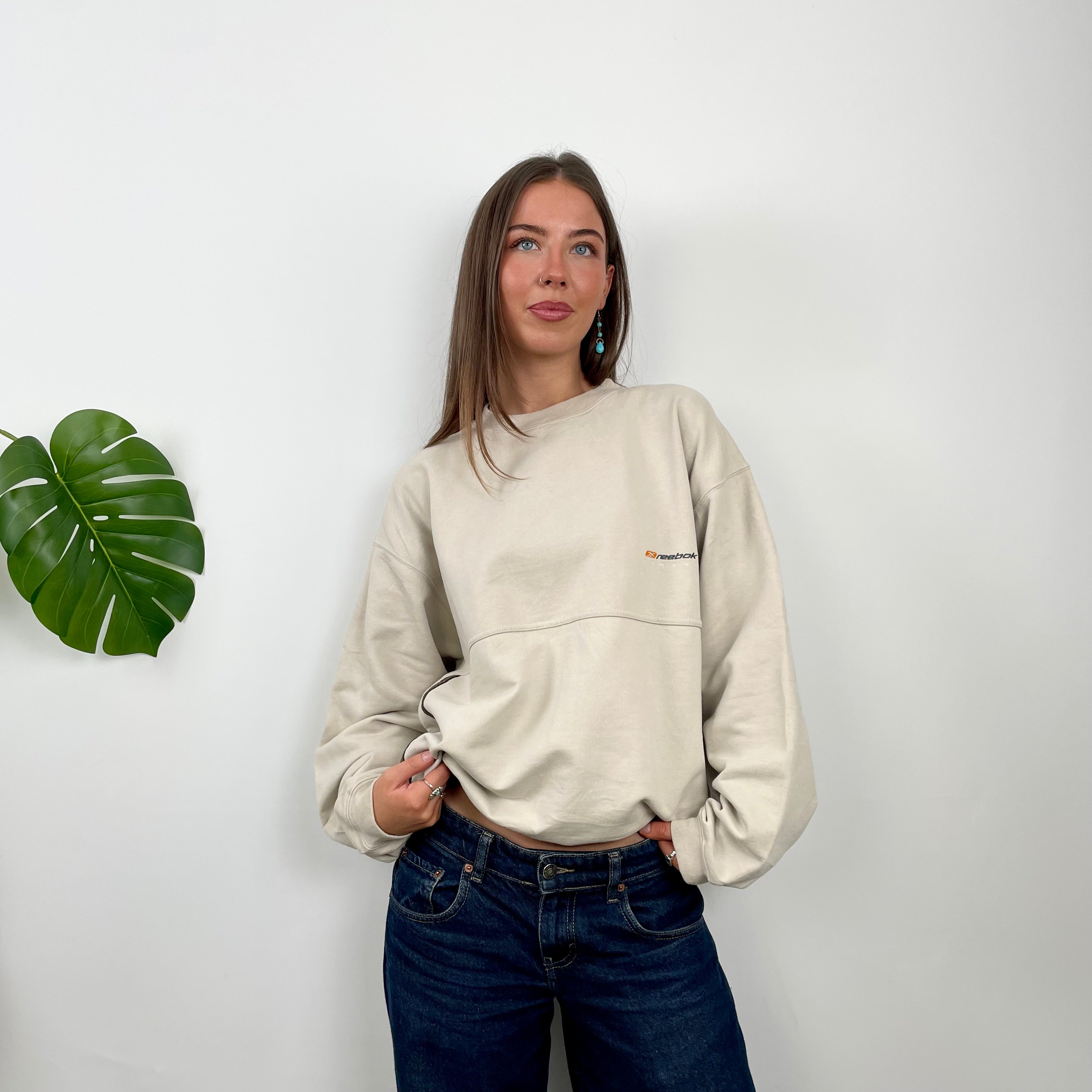 Reebok Cream Embroidered Spell Out Sweatshirt (S)