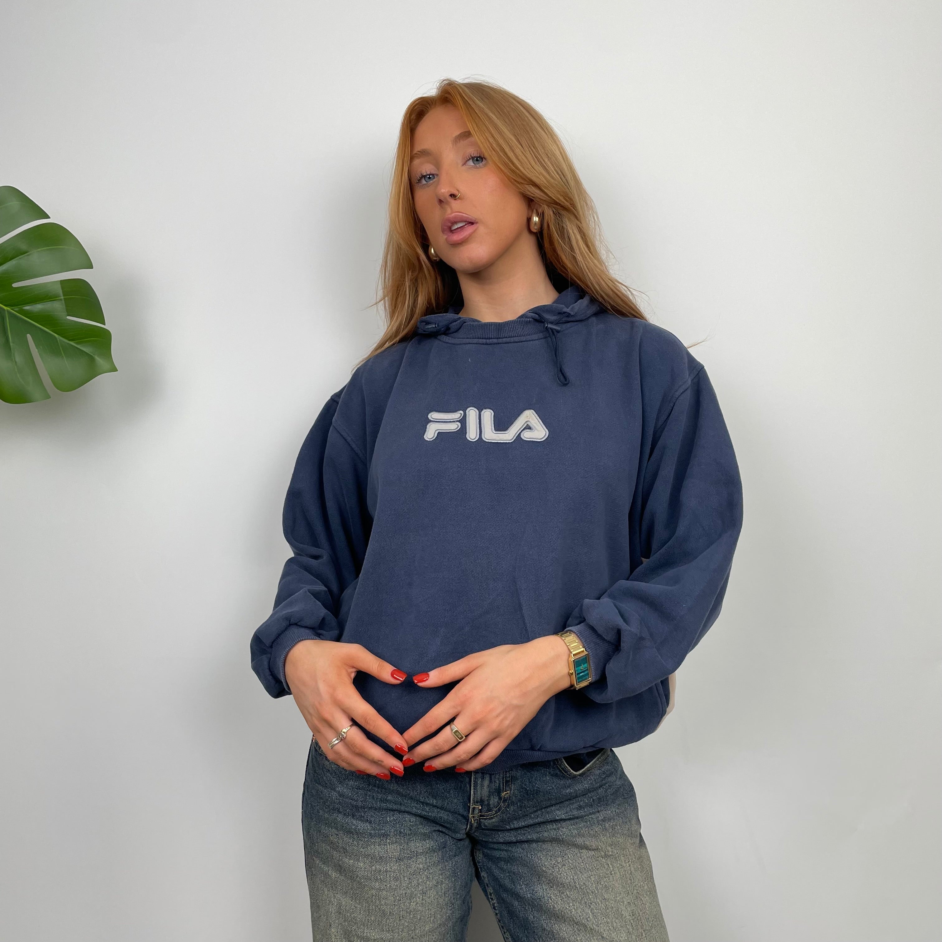 FILA Navy Embroidered Spell Out Hoodie (S)