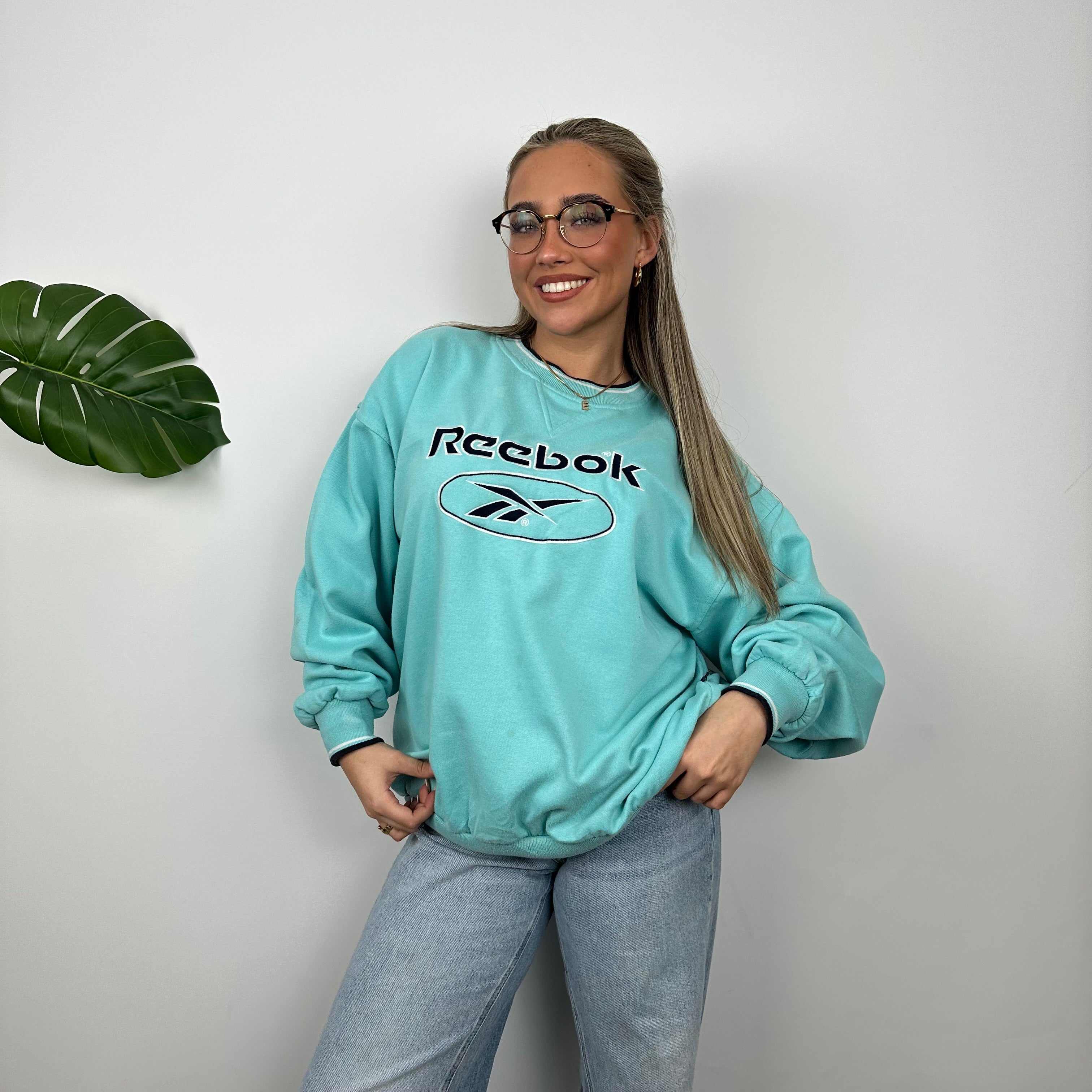 Reebok Turquoise Blue Embroidered Spell Out Sweatshirt (L)