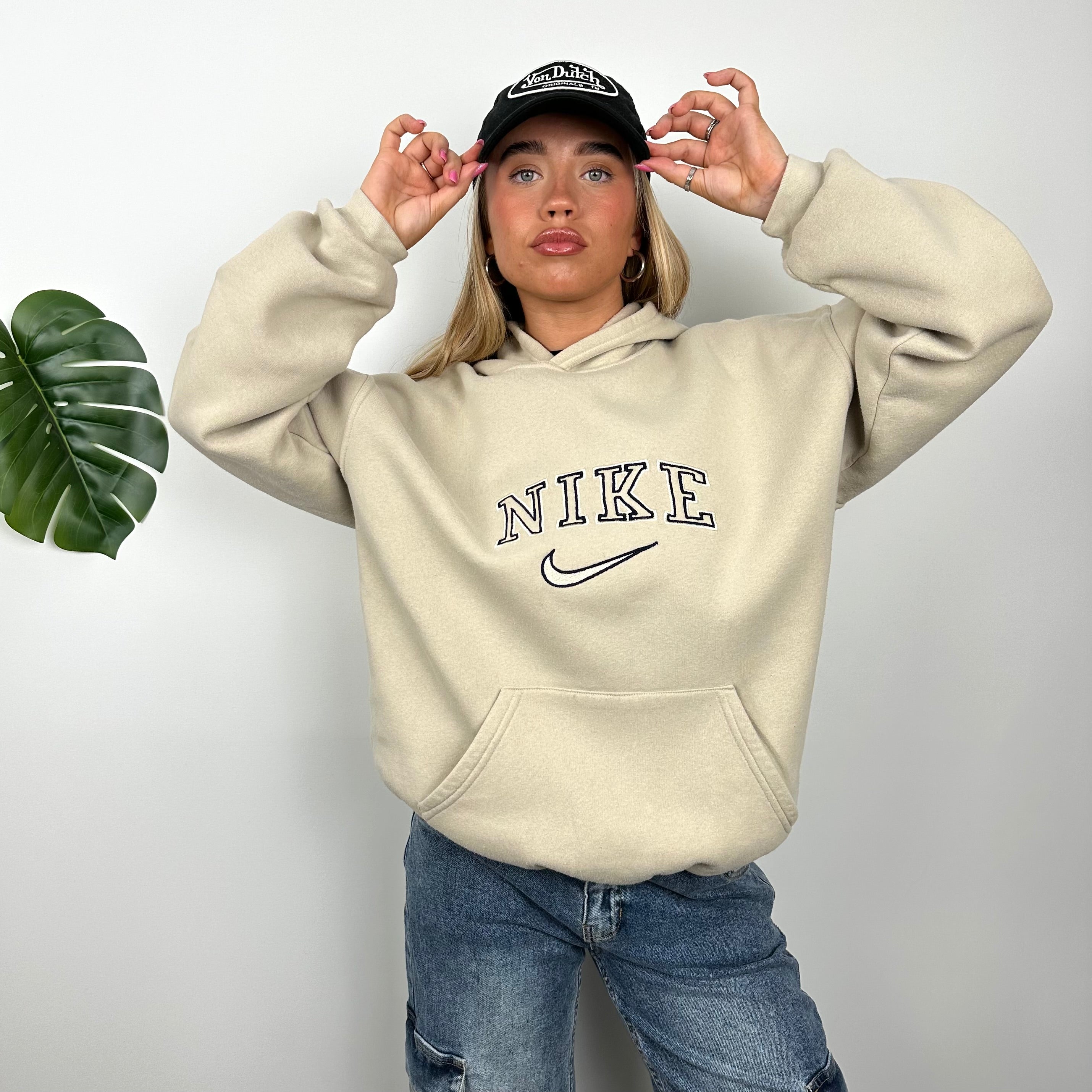 Nike Cream Embroidered Spell Out Hoodie (L)