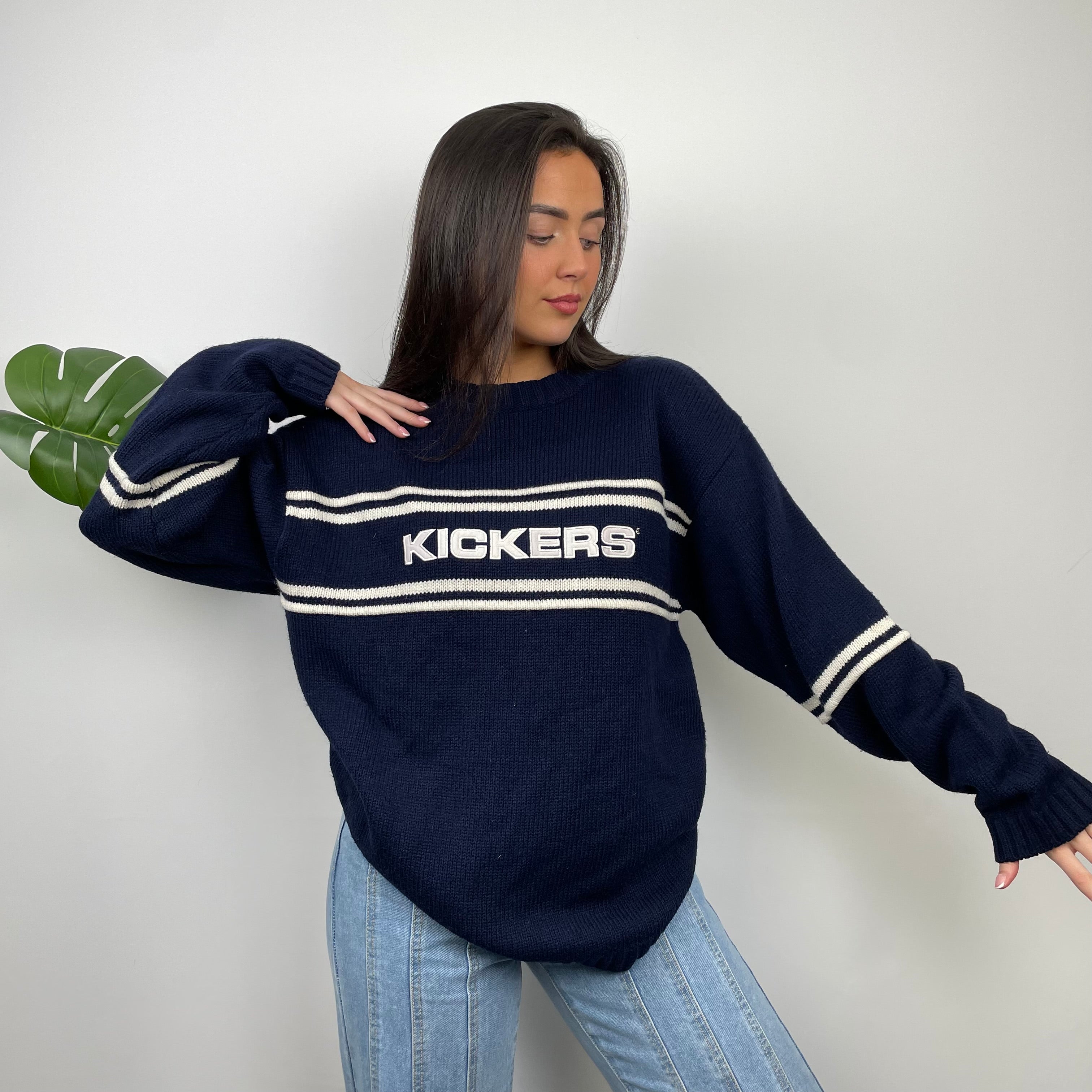 Kickers RARE Navy & Cream Embroidered Spell Out Knitted Sweater (L)