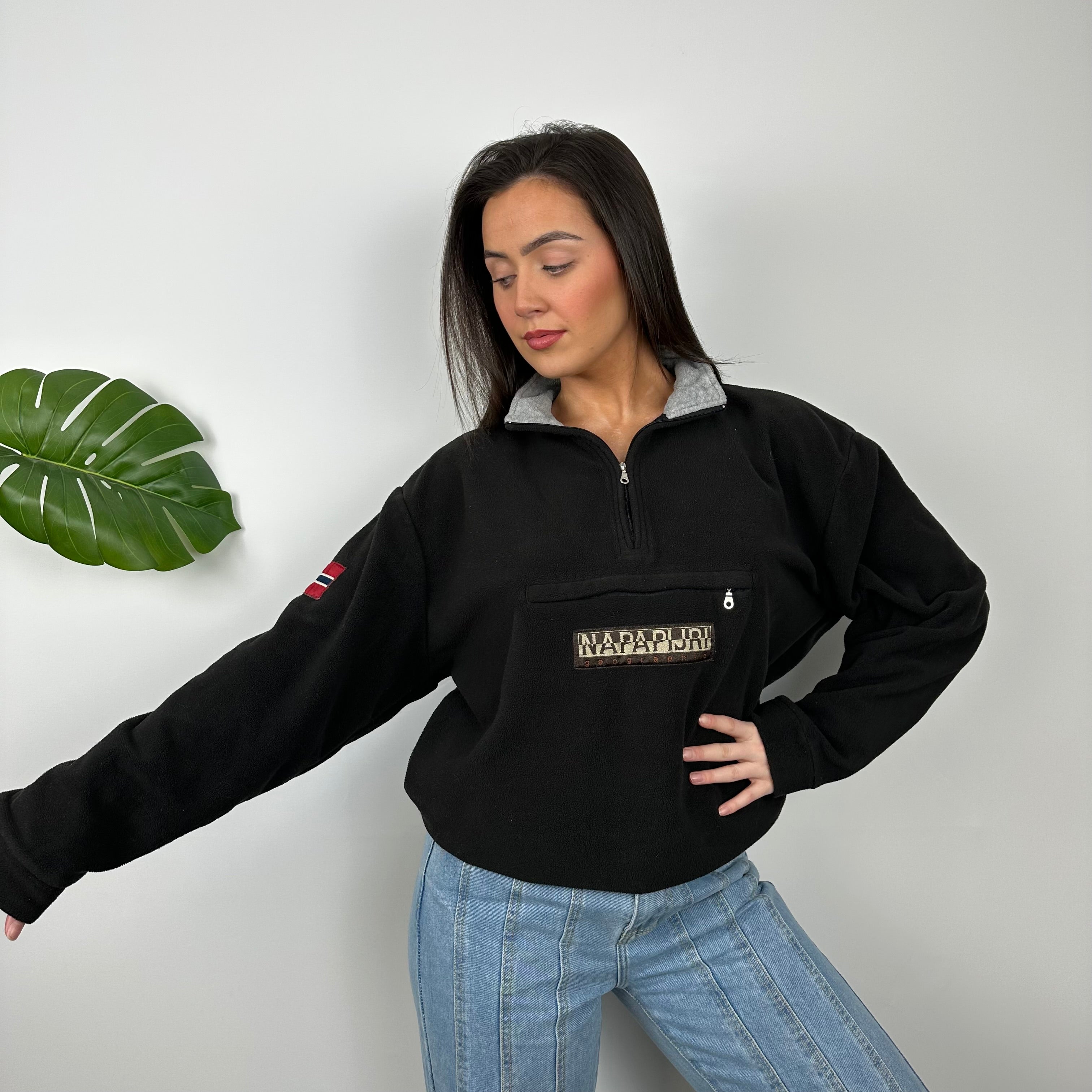 Napapijri RARE Black Embroidered Spell Out Teddy Bear Fleece Quarter Zip Sweatshirt (M)