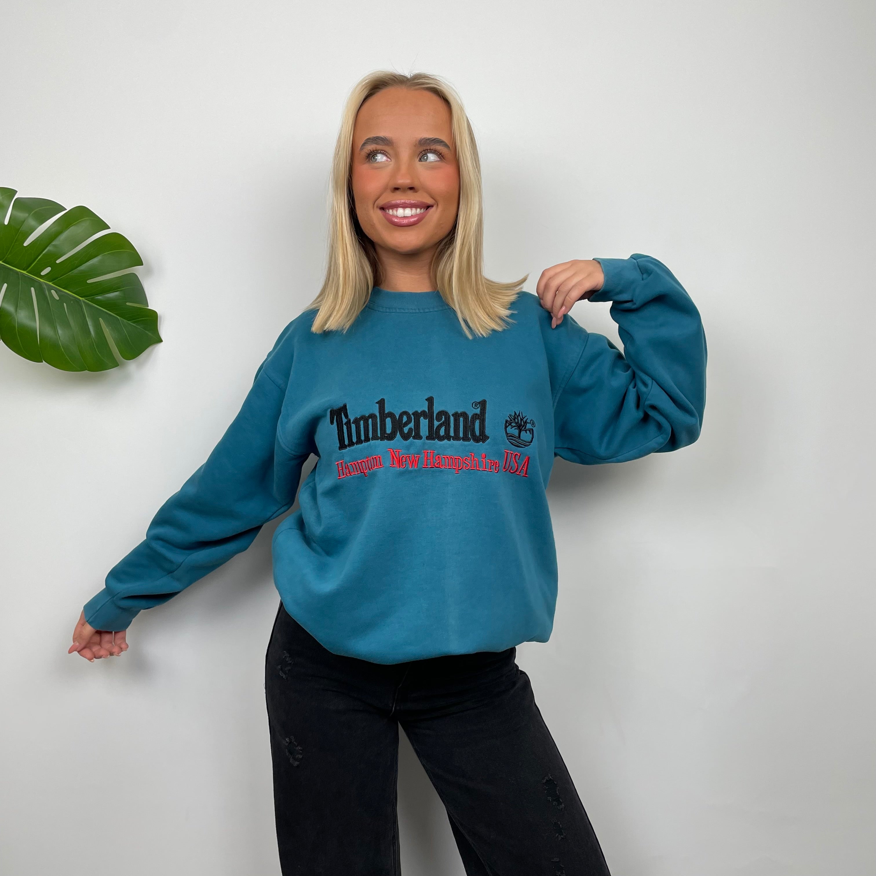 Timberland RARE Turquoise Blue Embroidered Spell Out Sweatshirt (L)