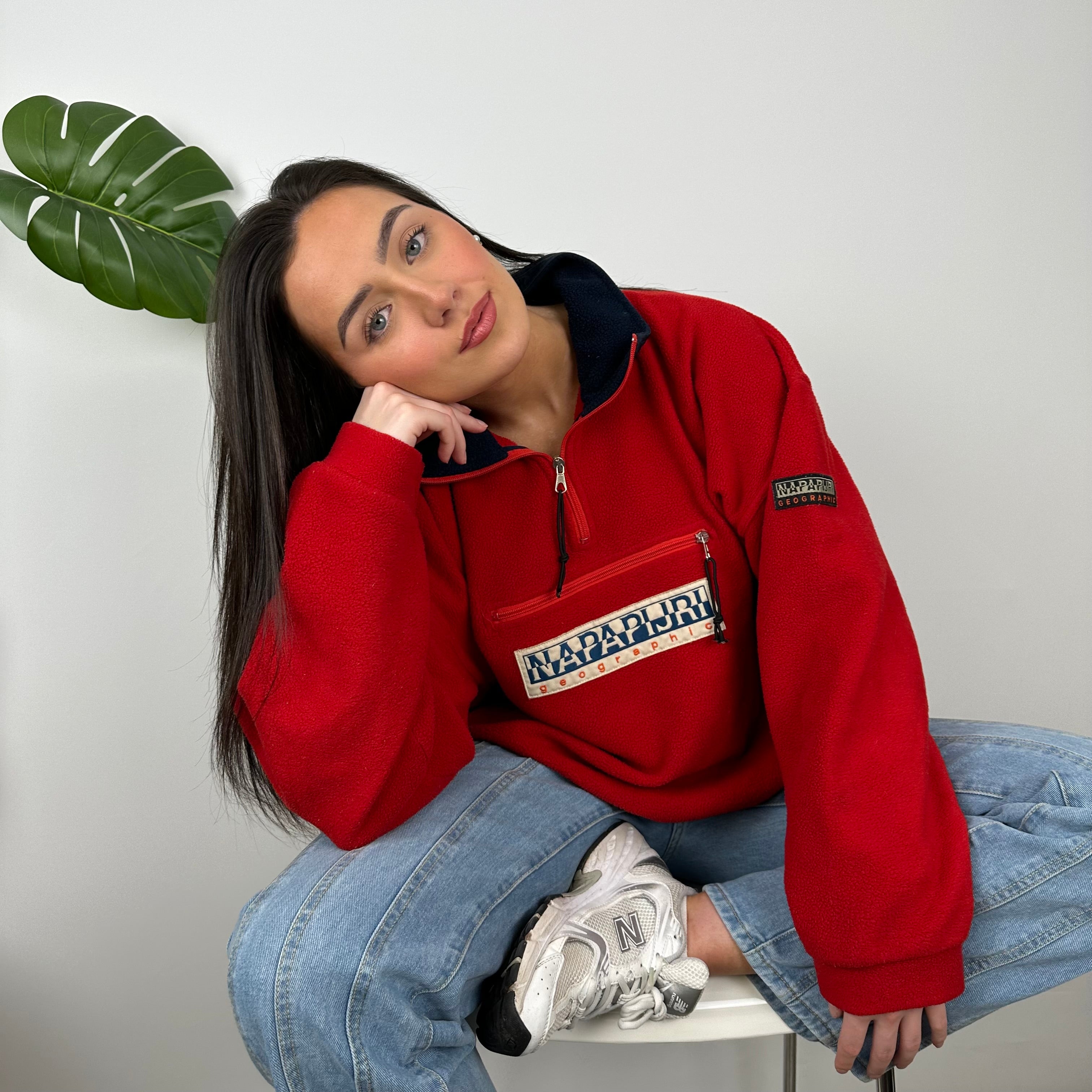 Napapijri Red Embroidered Spell Out Teddy Bear Fleece Quarter Zip (M)