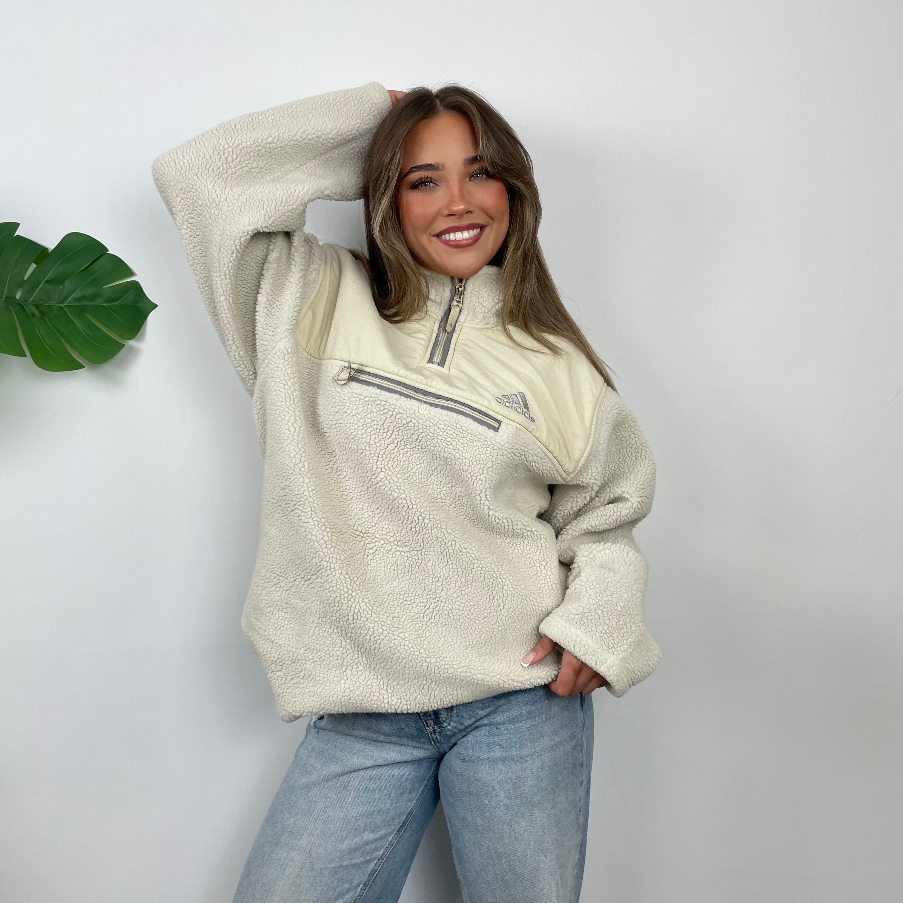 Adidas Cream Embroidered Spell Out Teddy Bear Sherpa Fleece Quarter Zip Sweatshirt (L)