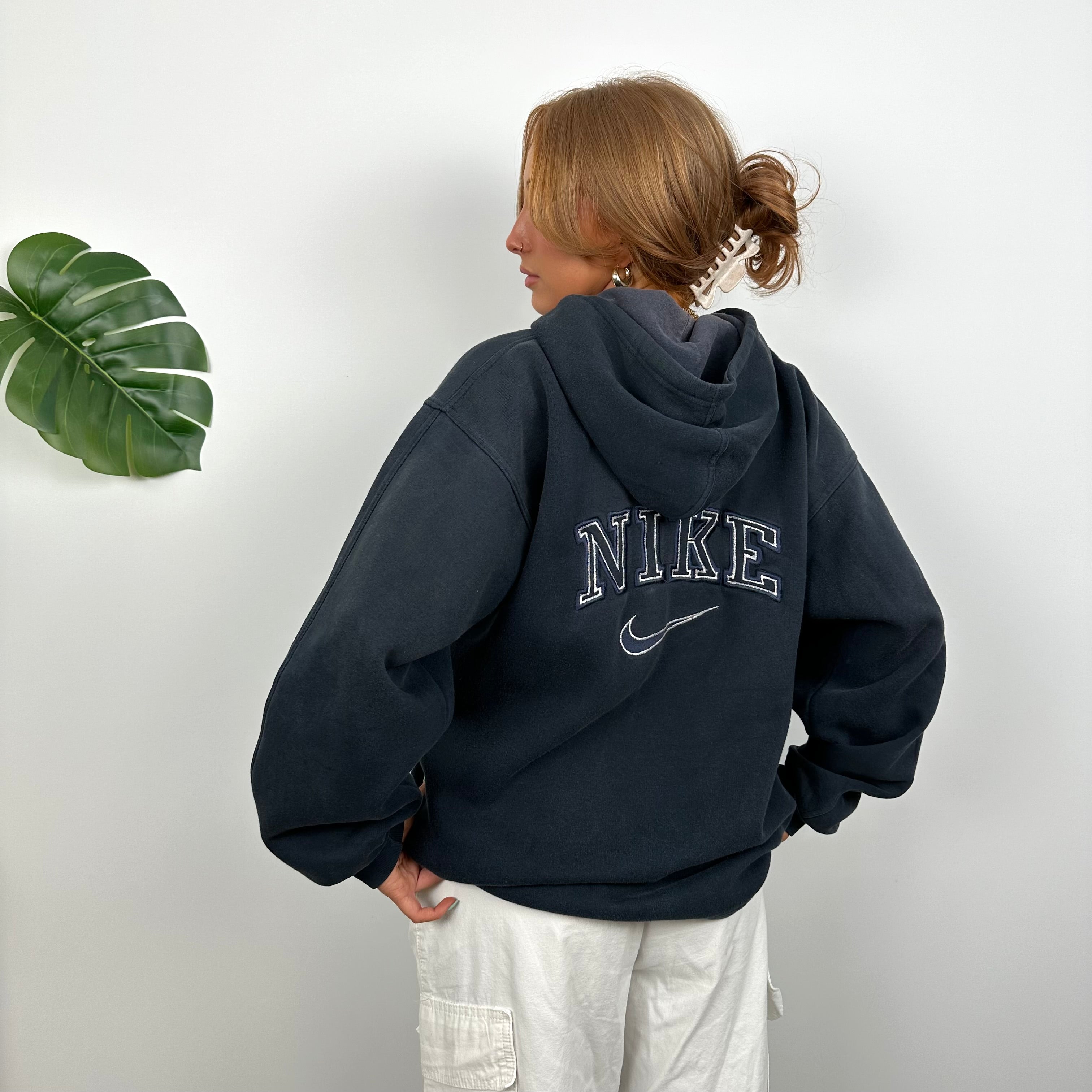 Nike RARE Navy Embroidered Spell out Zip Up Hoodie (M)