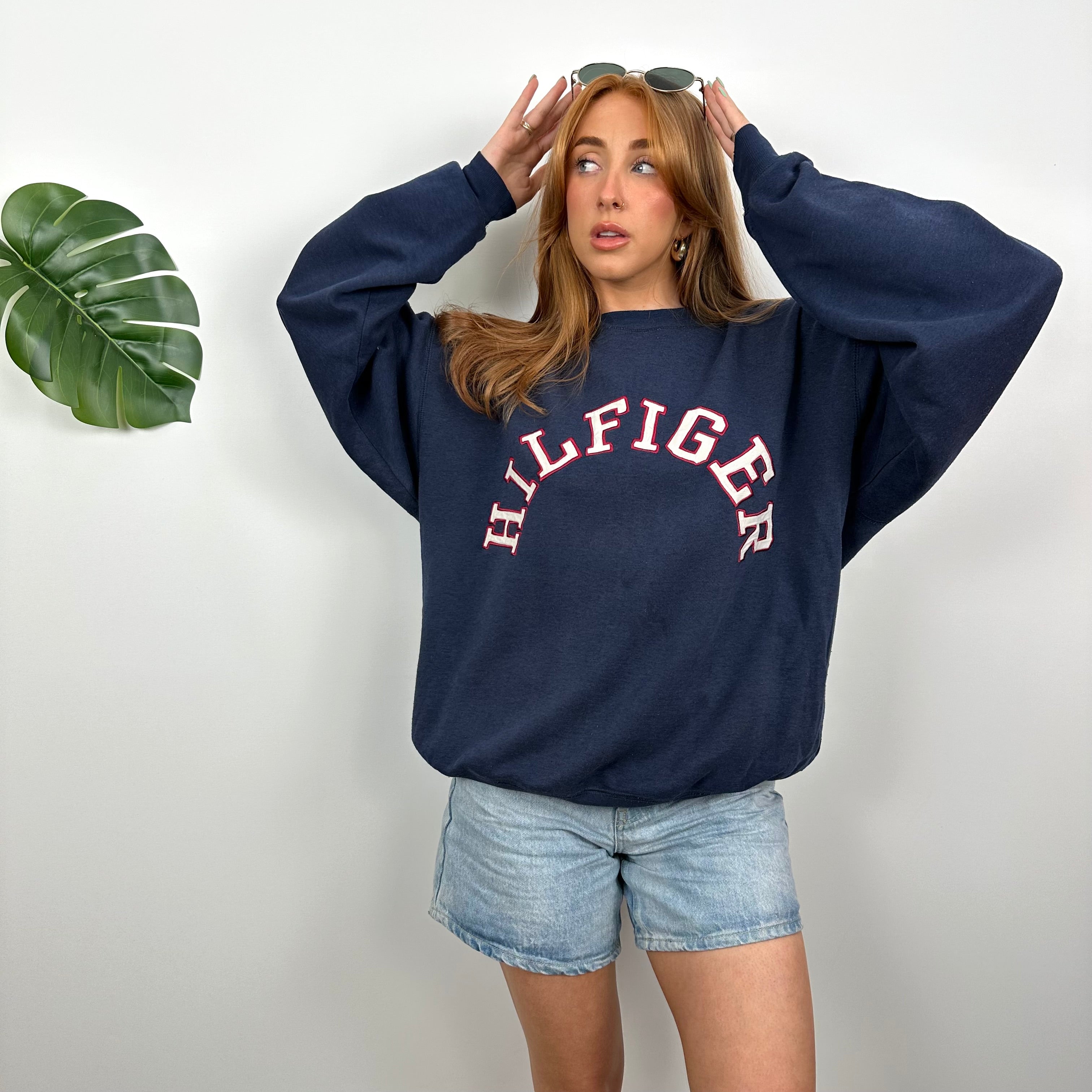 Tommy Hilfiger RARE Navy Embroidered Spell Out Sweatshirt (M)