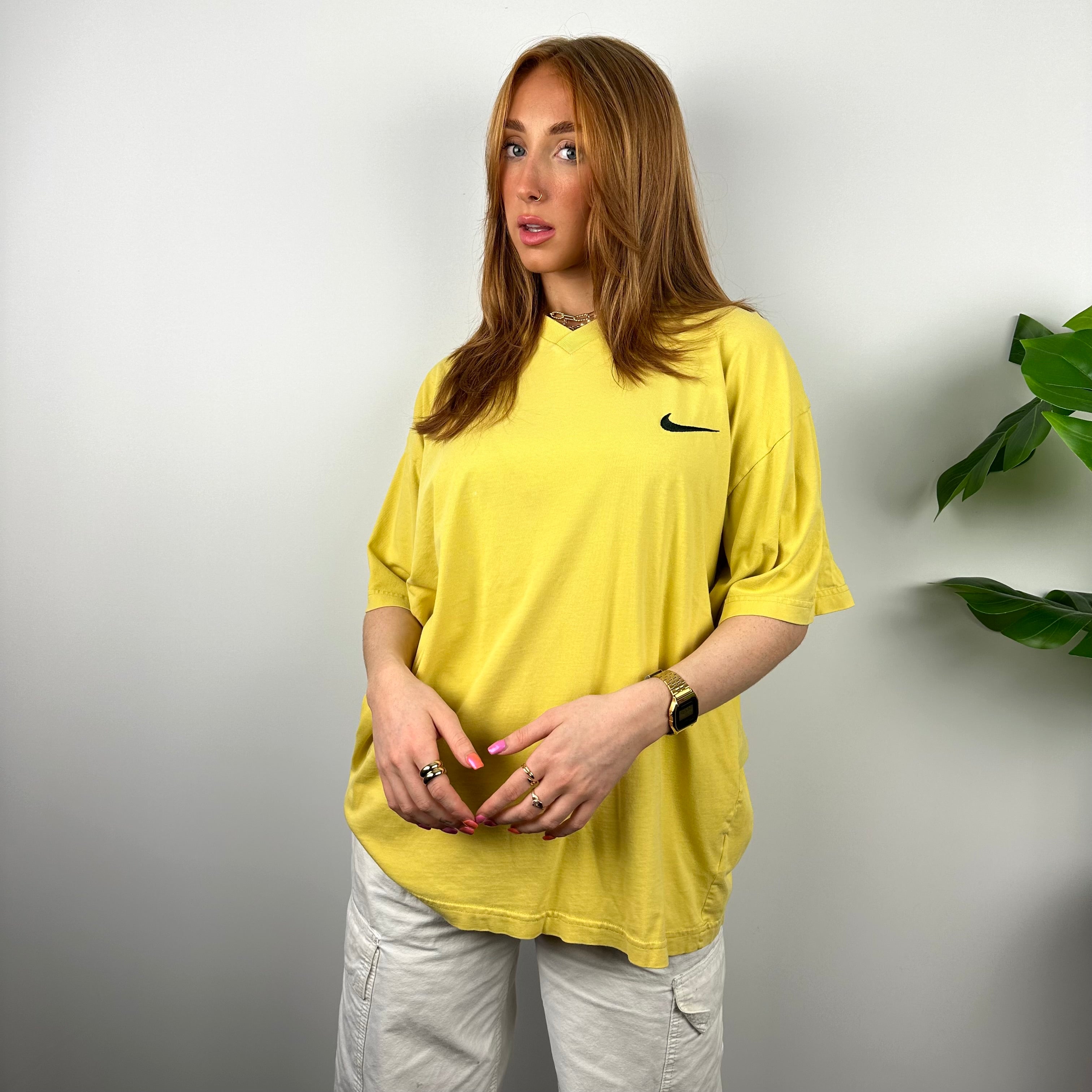 Nike RARE Yellow Embroidered Swoosh T Shirt (XL)