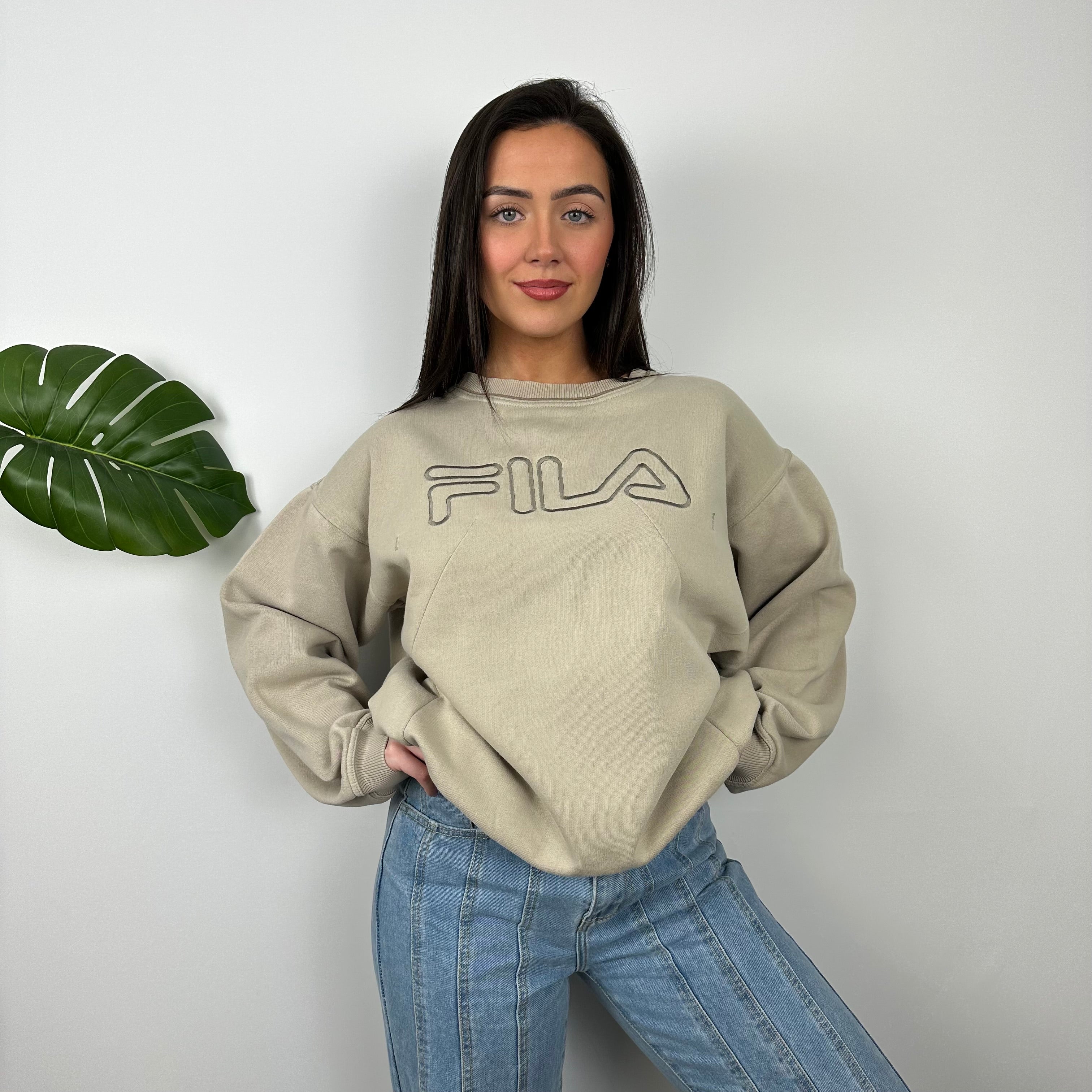 FILA Cream Embroidered Spell Out Sweatshirt (L)