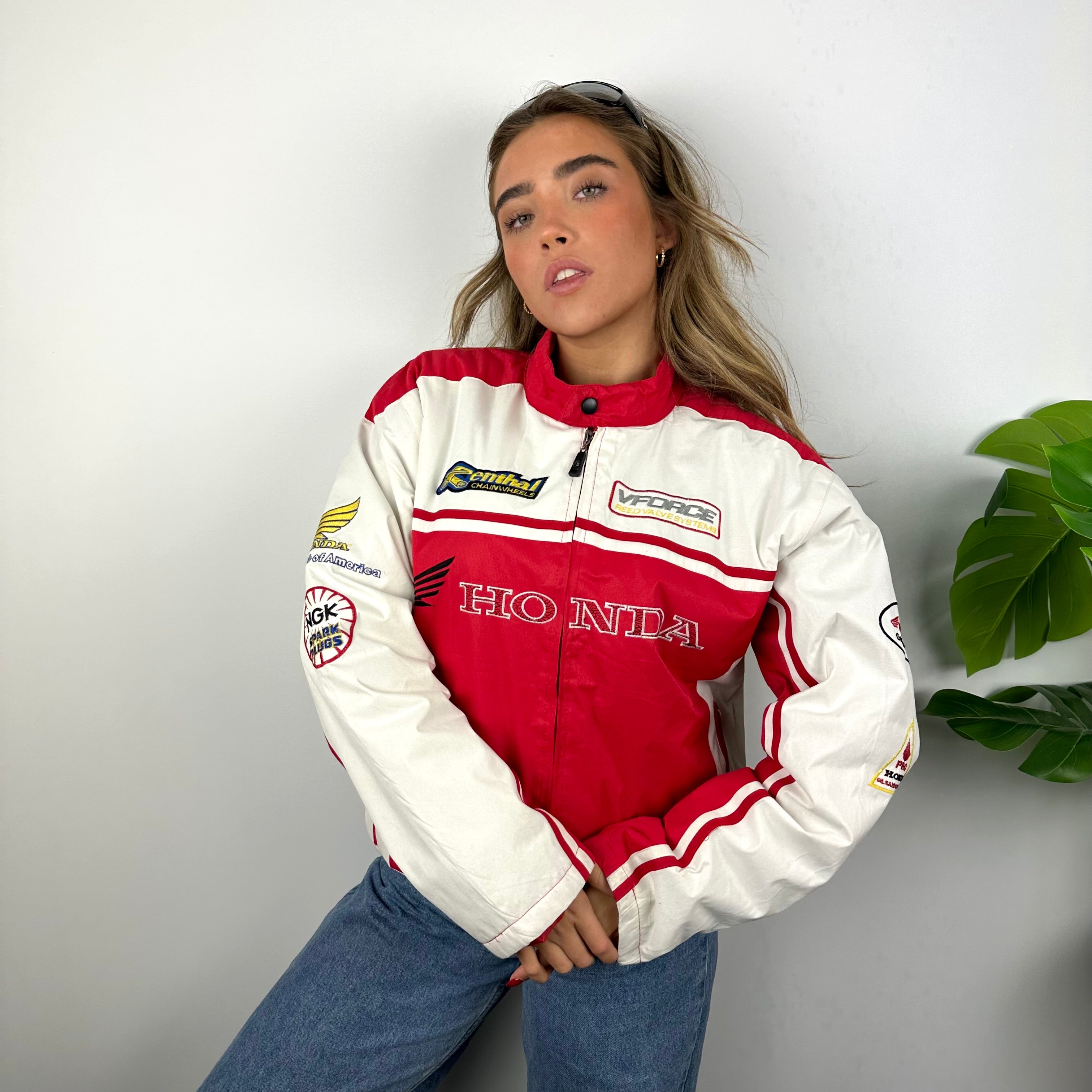 Honda Racing Red & White Embroidered Spell Out Zip Up Racing Jacket (L)