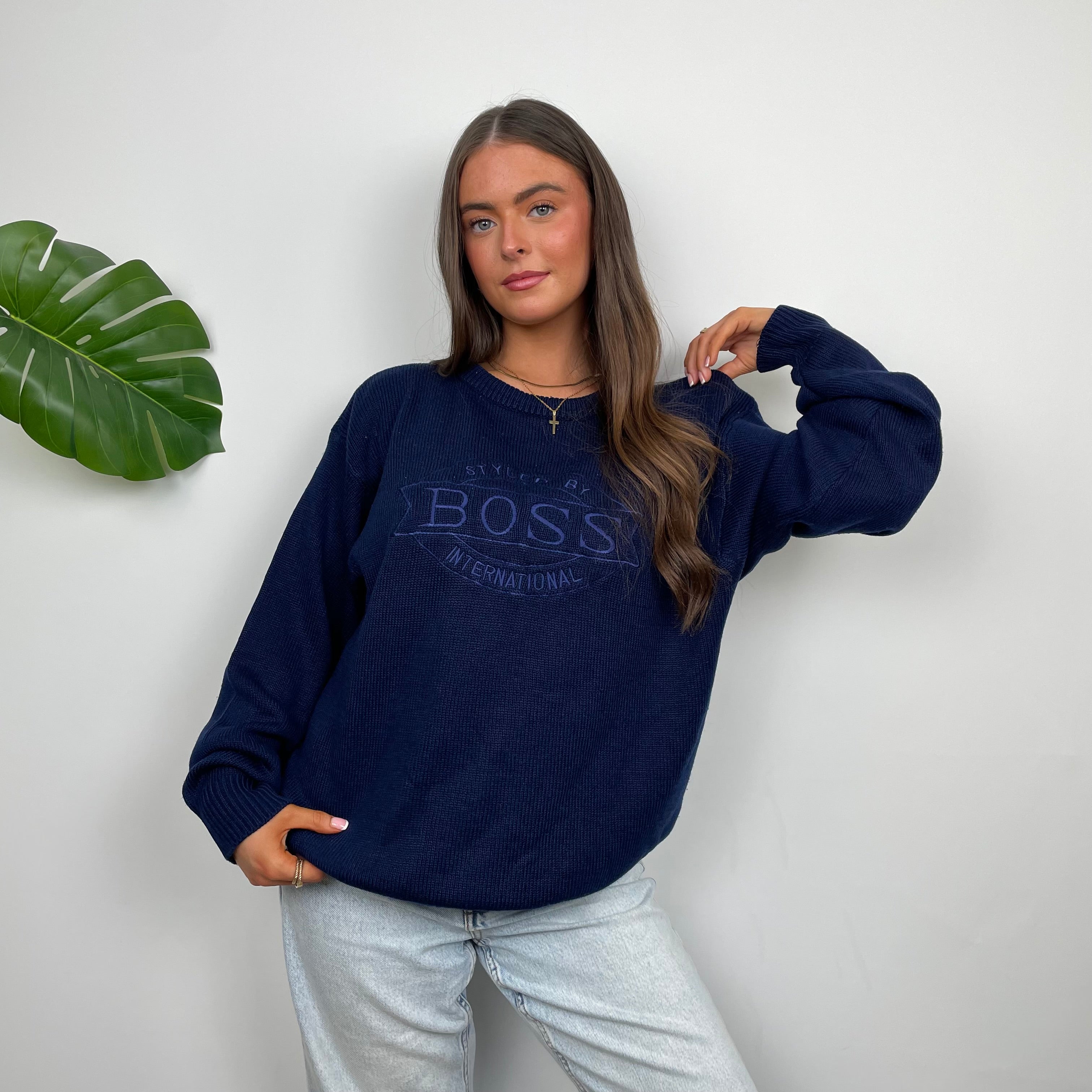 Hugo Boss Navy Embroidered Spell Out Knitted Sweater (L)