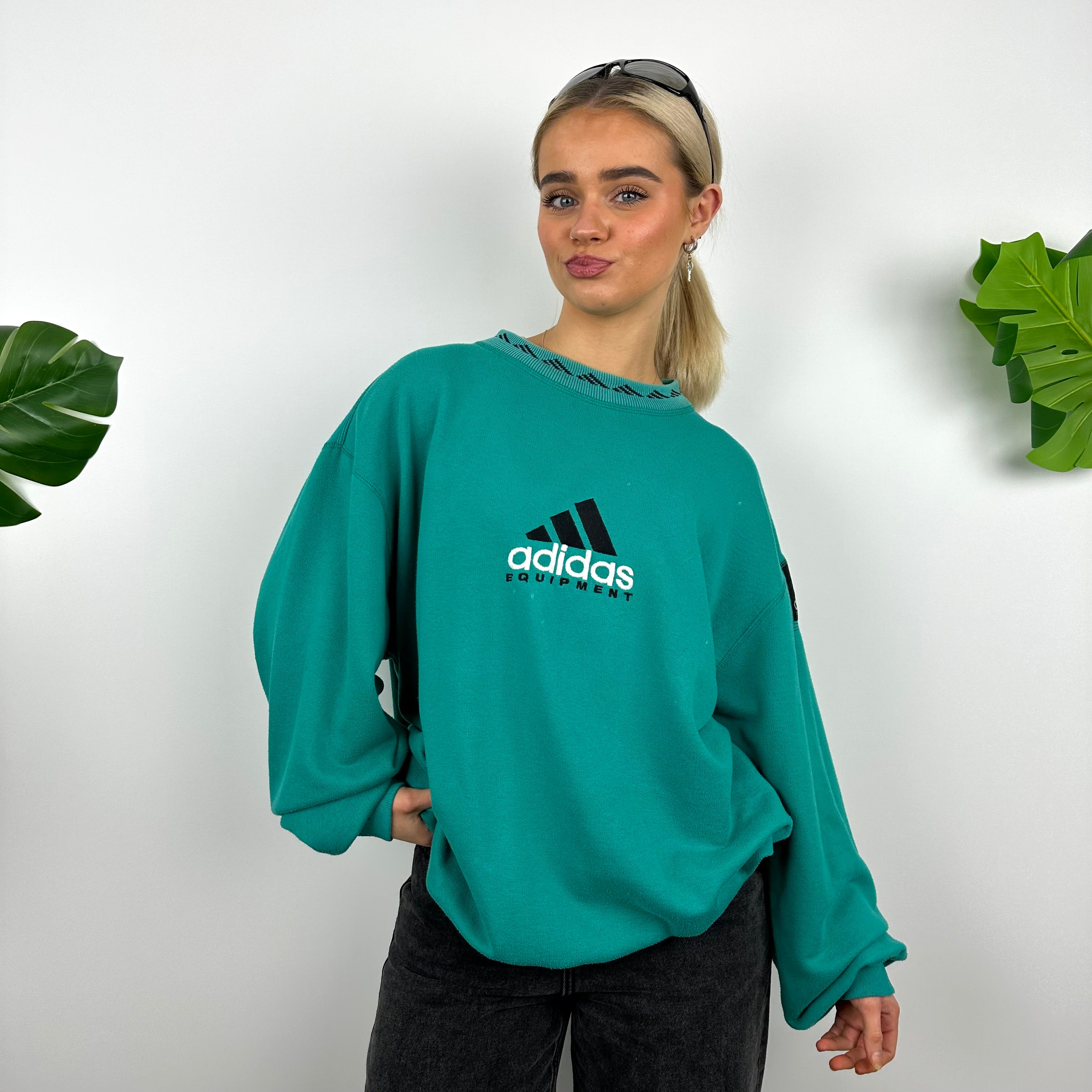 Adidas Equipment RARE Turquoise Blue Embroidered Spell Out Sweatshirt (M)