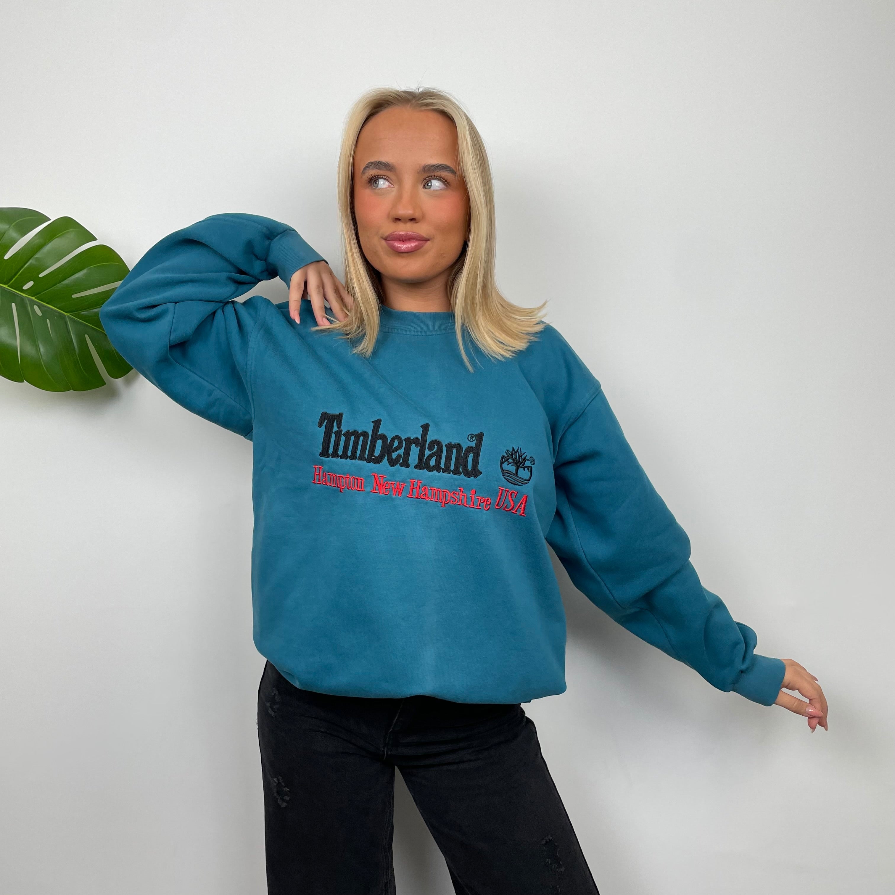 Timberland RARE Turquoise Blue Embroidered Spell Out Sweatshirt (L)