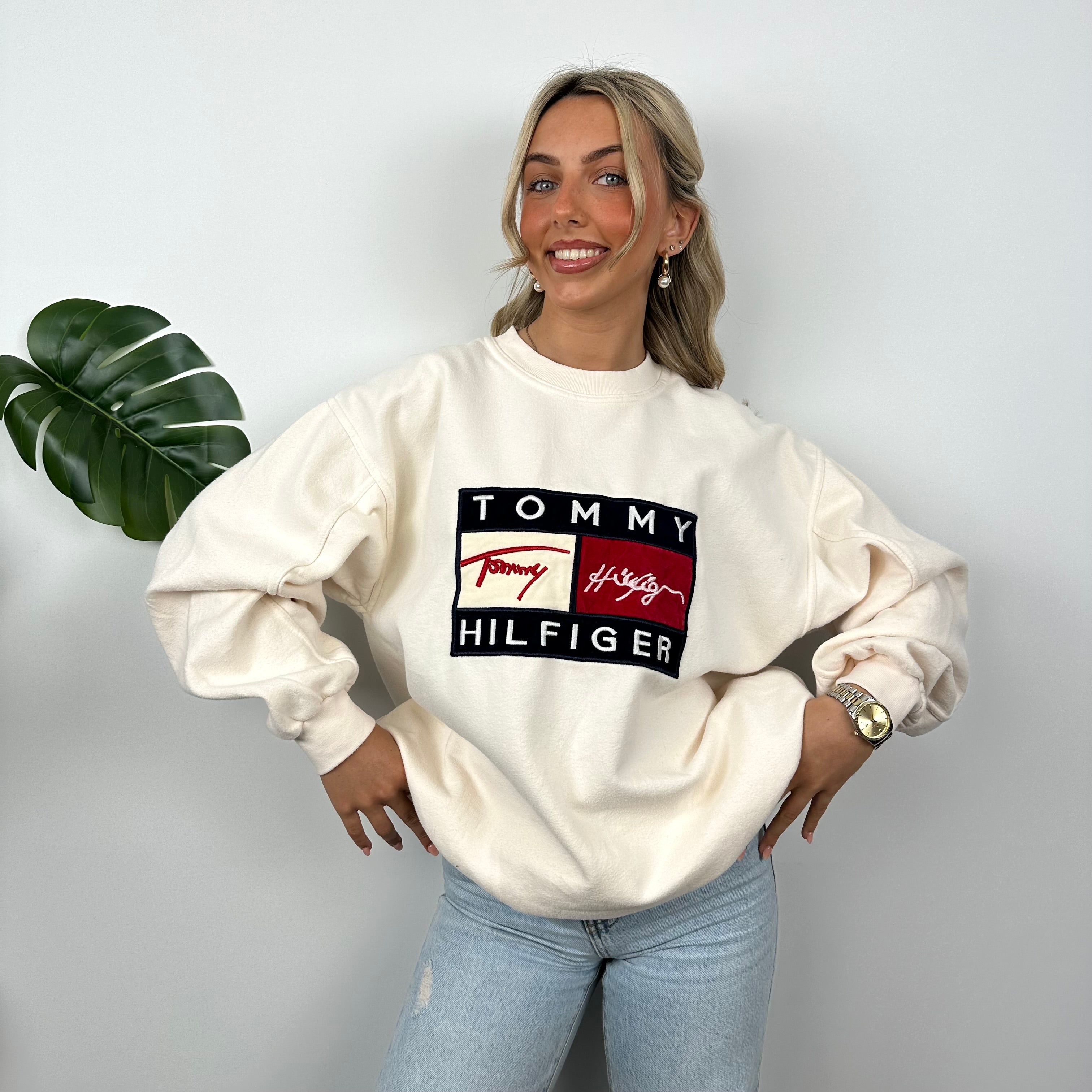 Tommy Hilfiger RARE Cream Embroidered Spell Out Sweatshirt (XL)