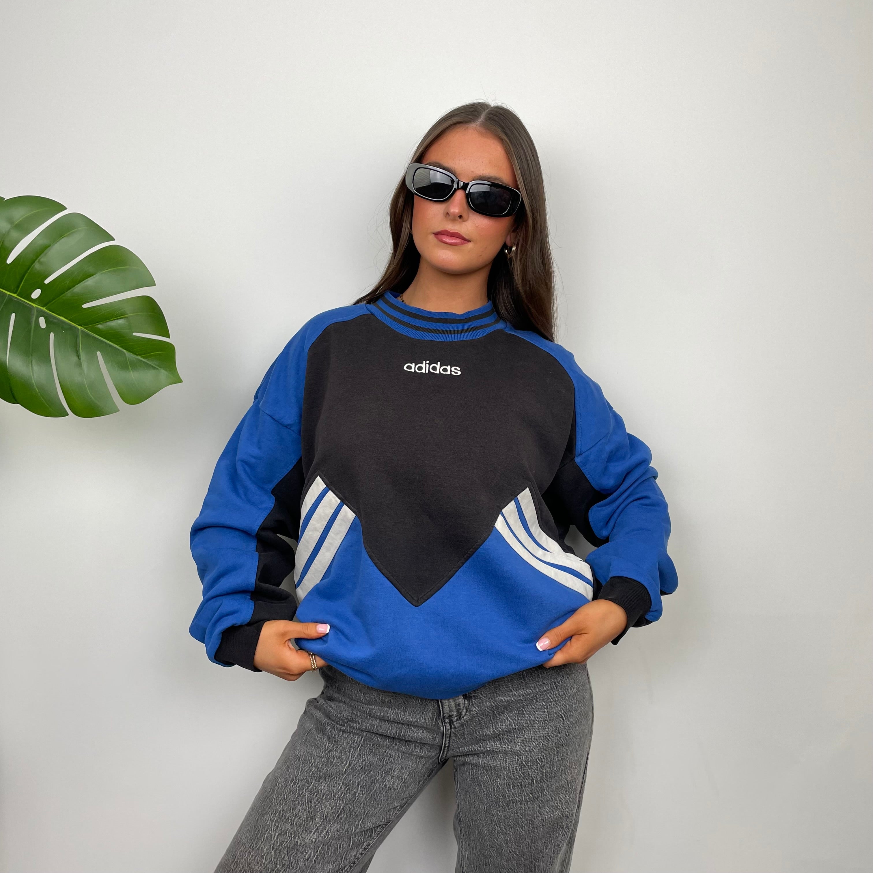 Adidas Black & Blue Embroidered Spell Out Colour Block Sweatshirt (L)